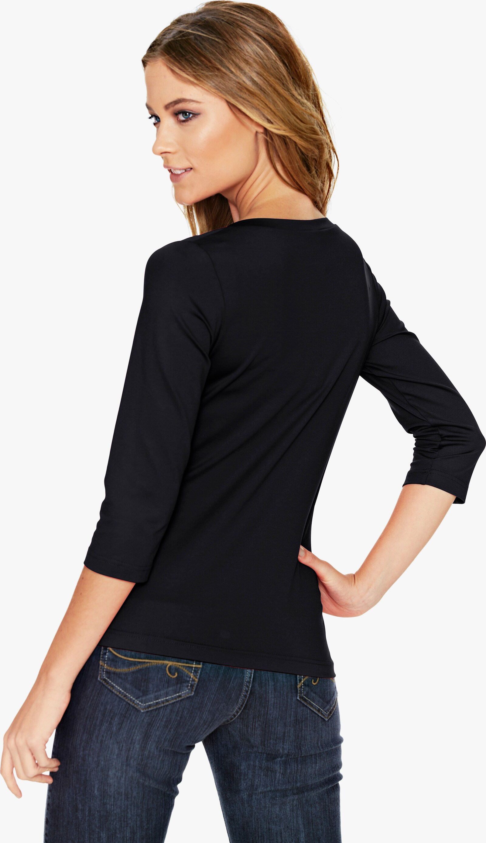 heine 3/4-Arm-Shirt mit Herz-Ausschnitt - schwarz
