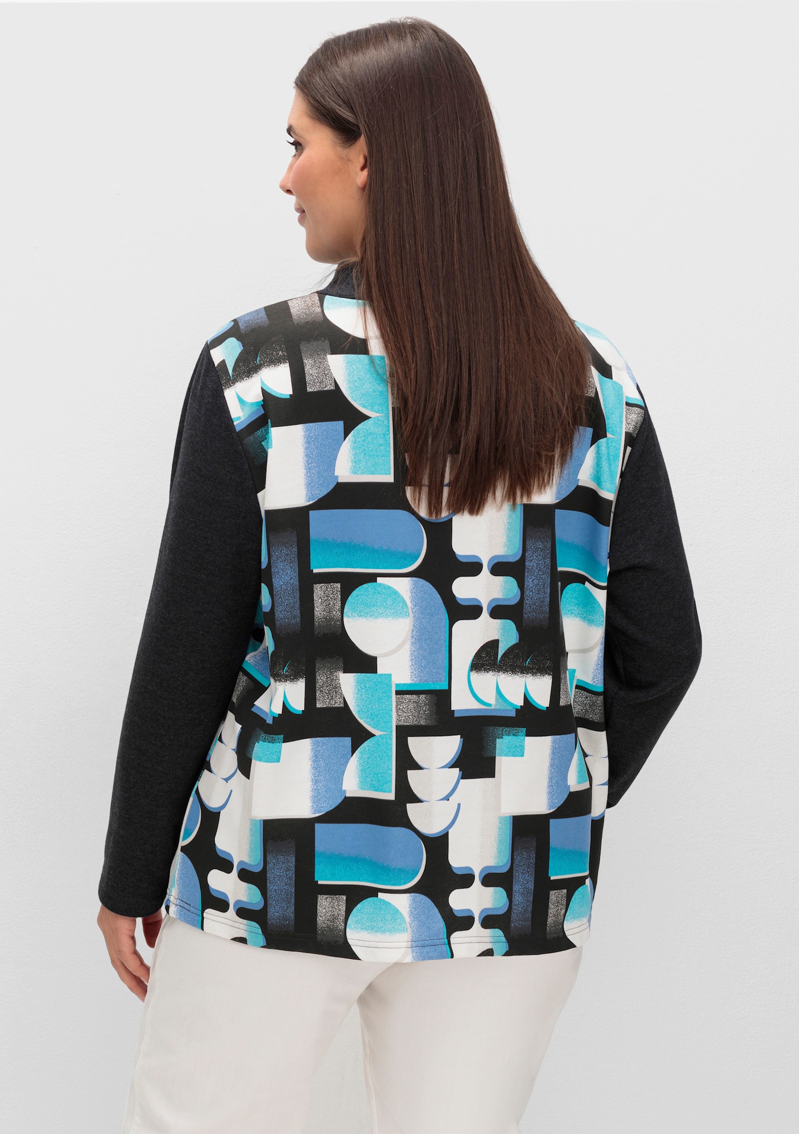 Sweatshirt mit Stehkragen und Tunnelzug - türkis-schwarz-bedruckt