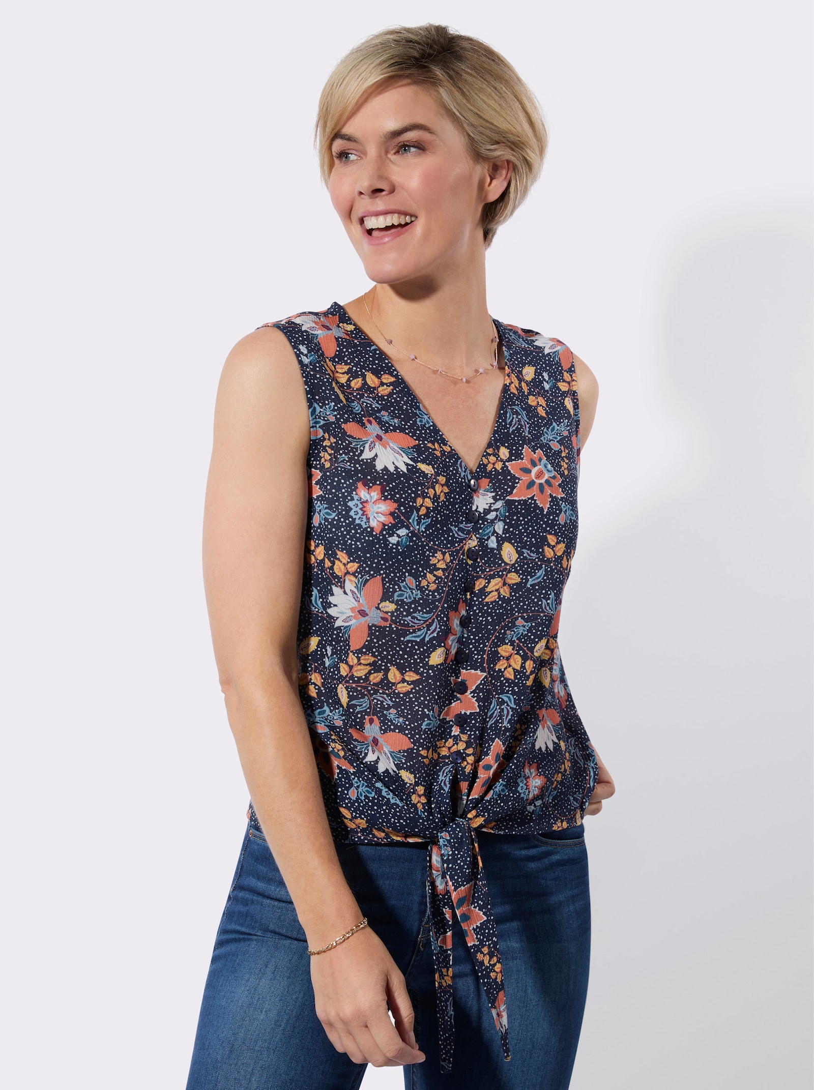 Blusentop mit imitierter Knopfleiste - marine-gelb-bedruckt