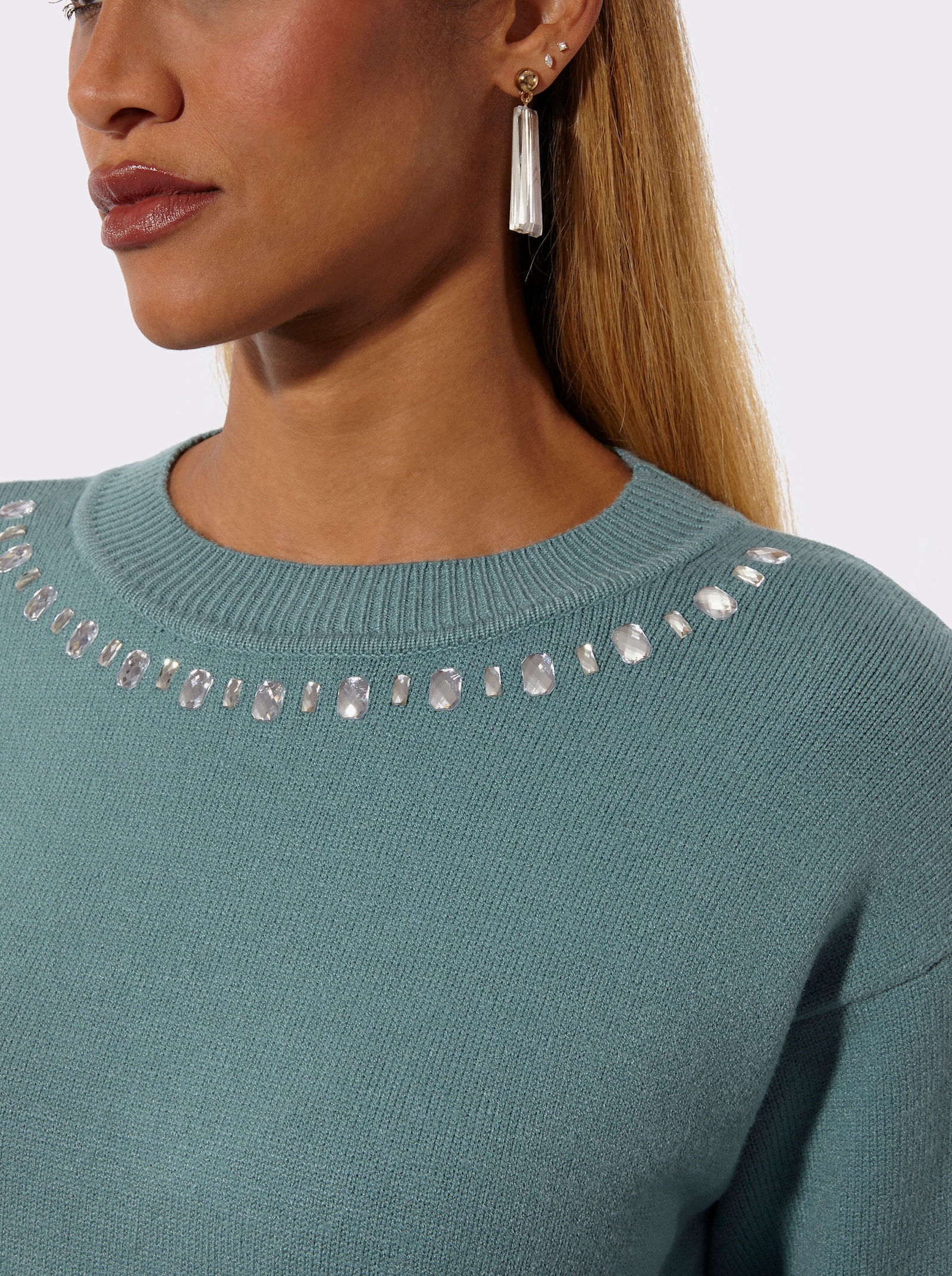 3/4 Arm-Pullover mit Saum aus Flauschgarn - jade