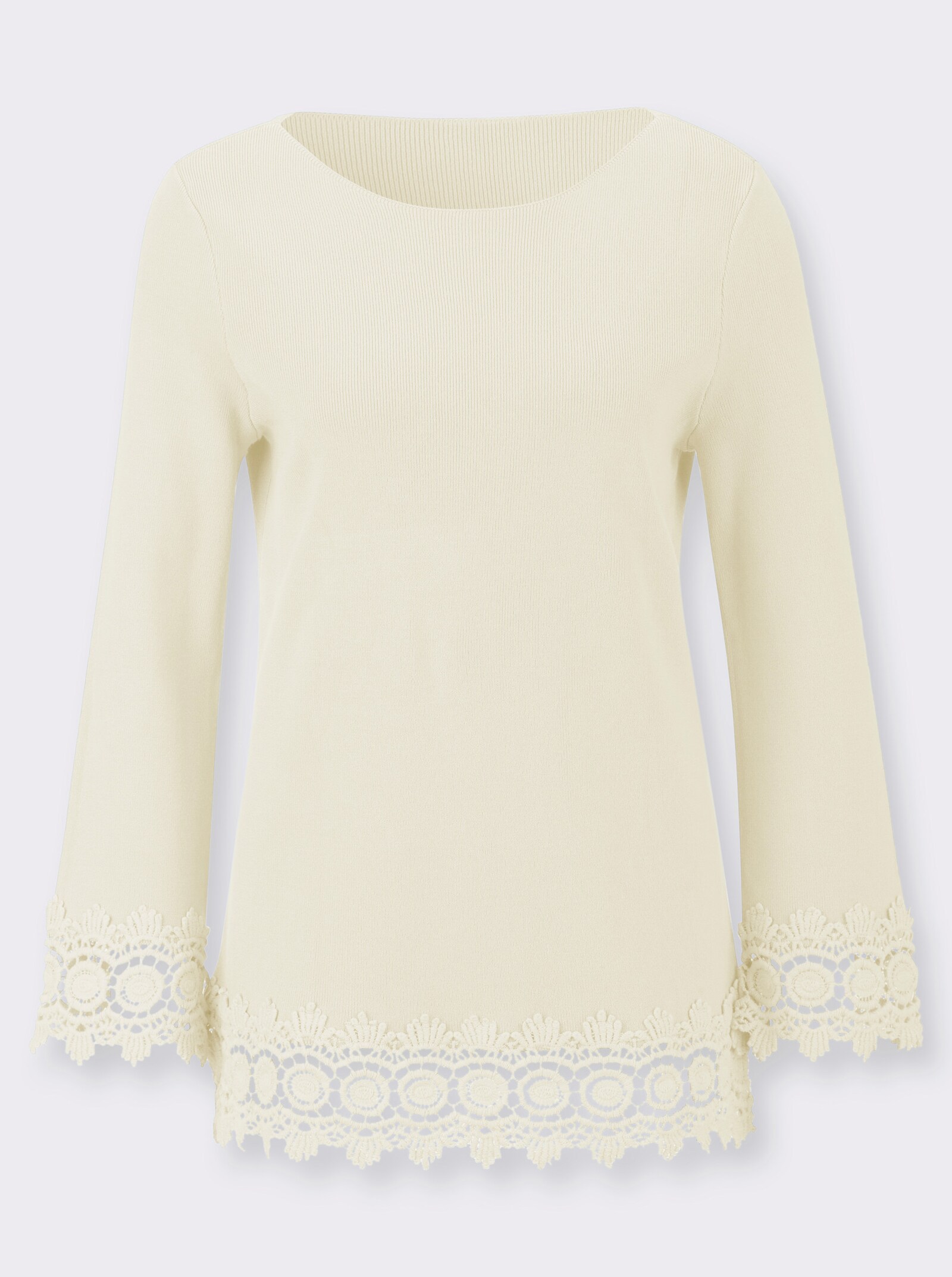 Langarm-Pullover mit Spitzenbordüre - champagner