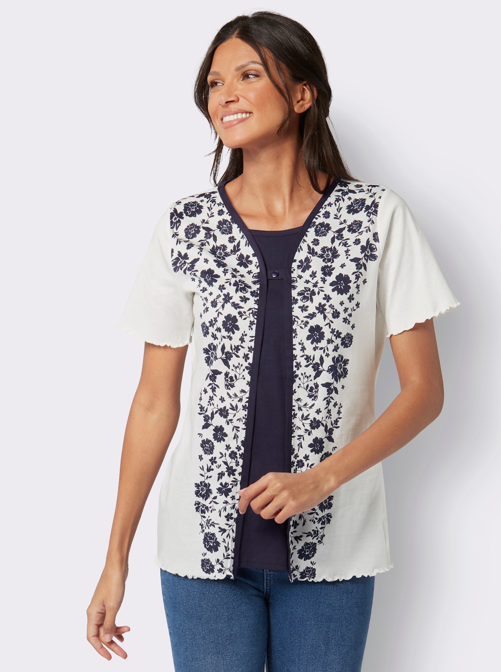 2-in-1-Shirt mit eingenähtem Top, bedruckt - ecru-marine