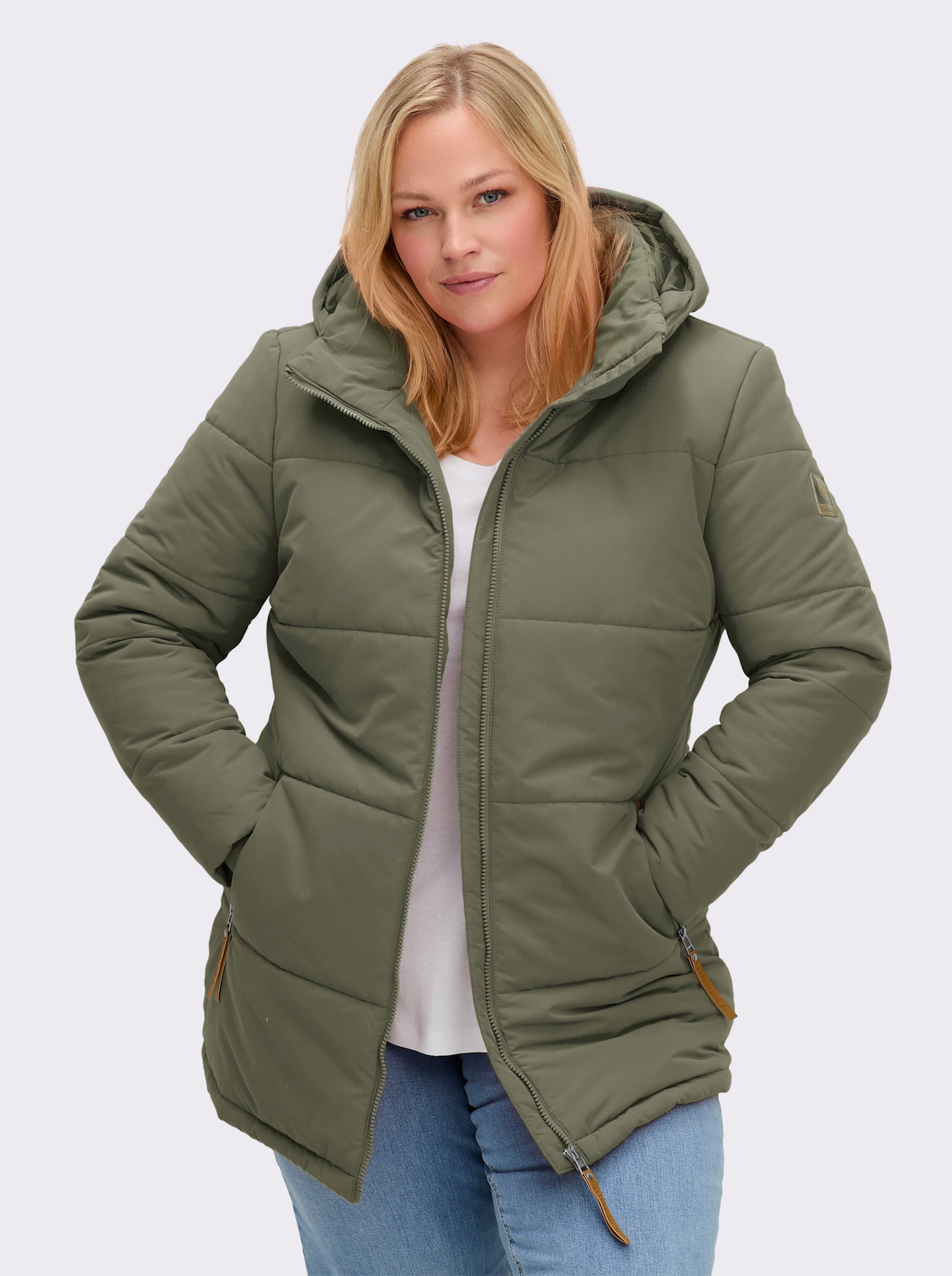 Outdoorjacke mit abnehmbarer Kapuze und Jersey-Bündchen - khaki