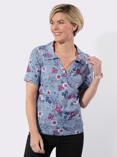 Poloshirt mit floralem Dessin - bleu-fuchsia-bedruckt