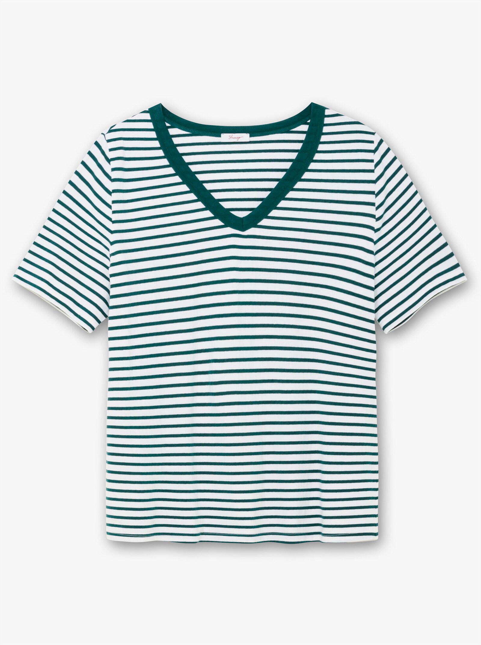 sheego T-shirt à rayures avec encolure en V - bleu pétrole à rayures