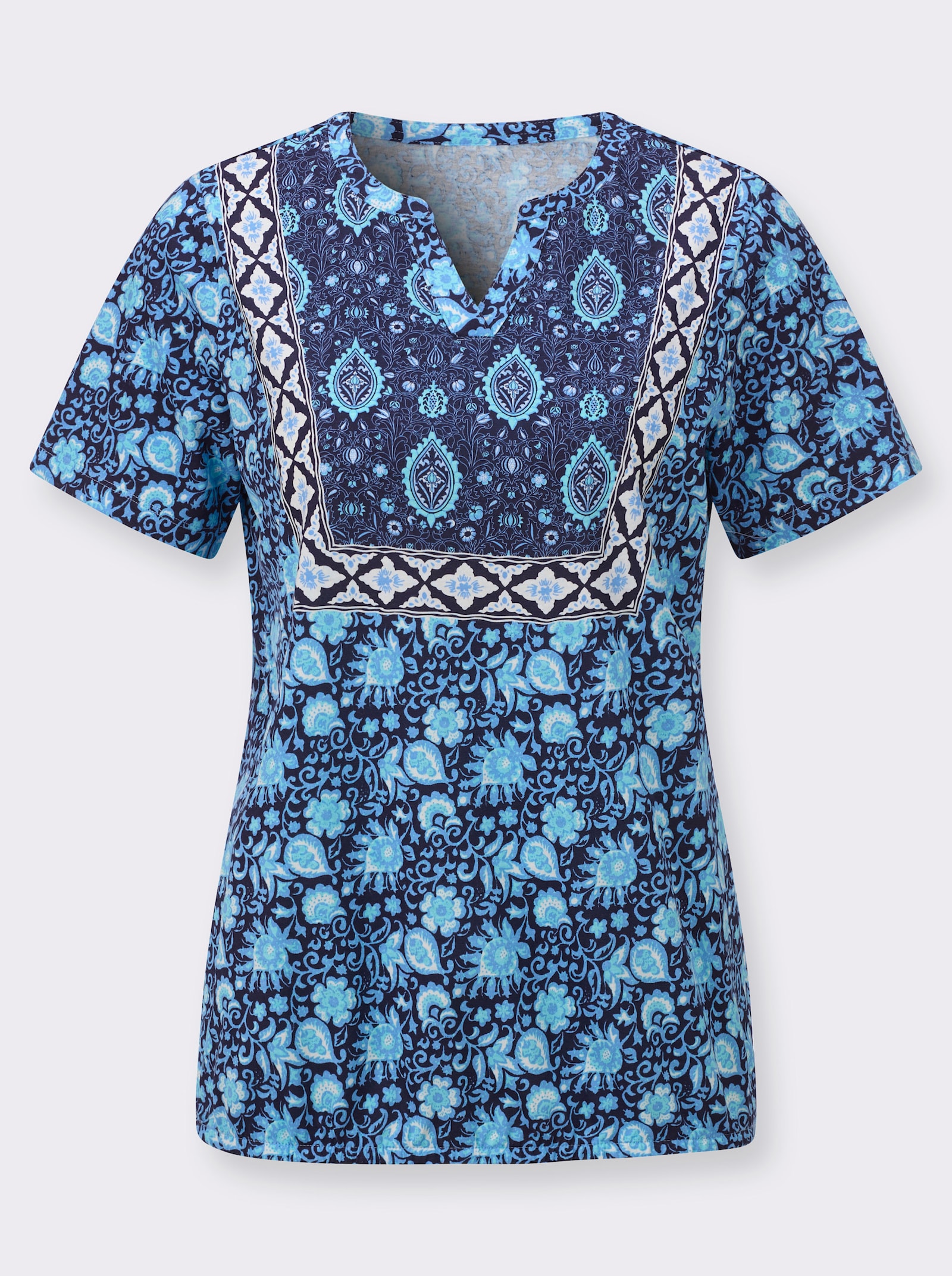 Shirt mit elastischem Saum - himmelblau-marine-bedruckt