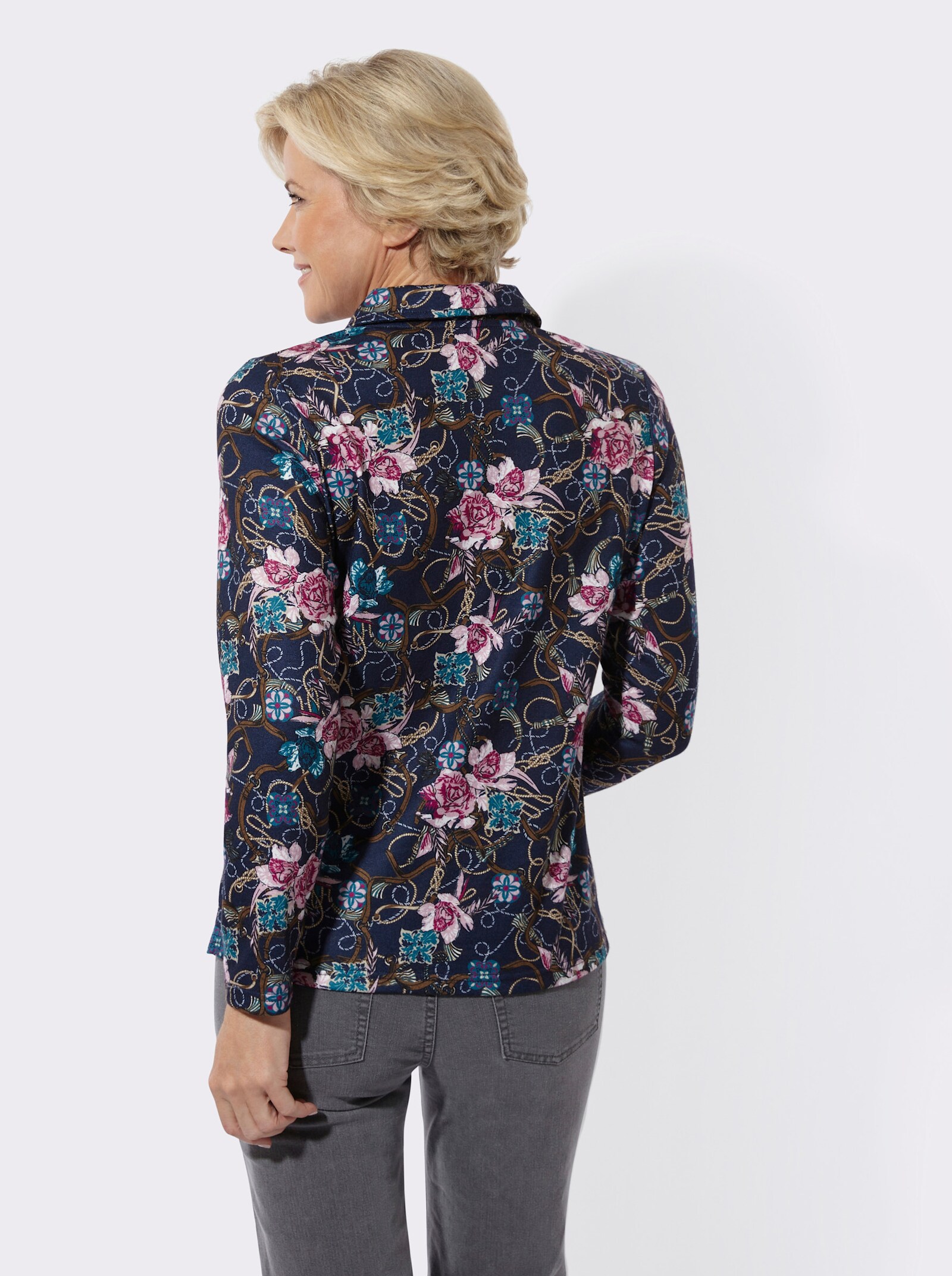 Poloshirt mit floralem Muster - marine-rosé-bedruckt