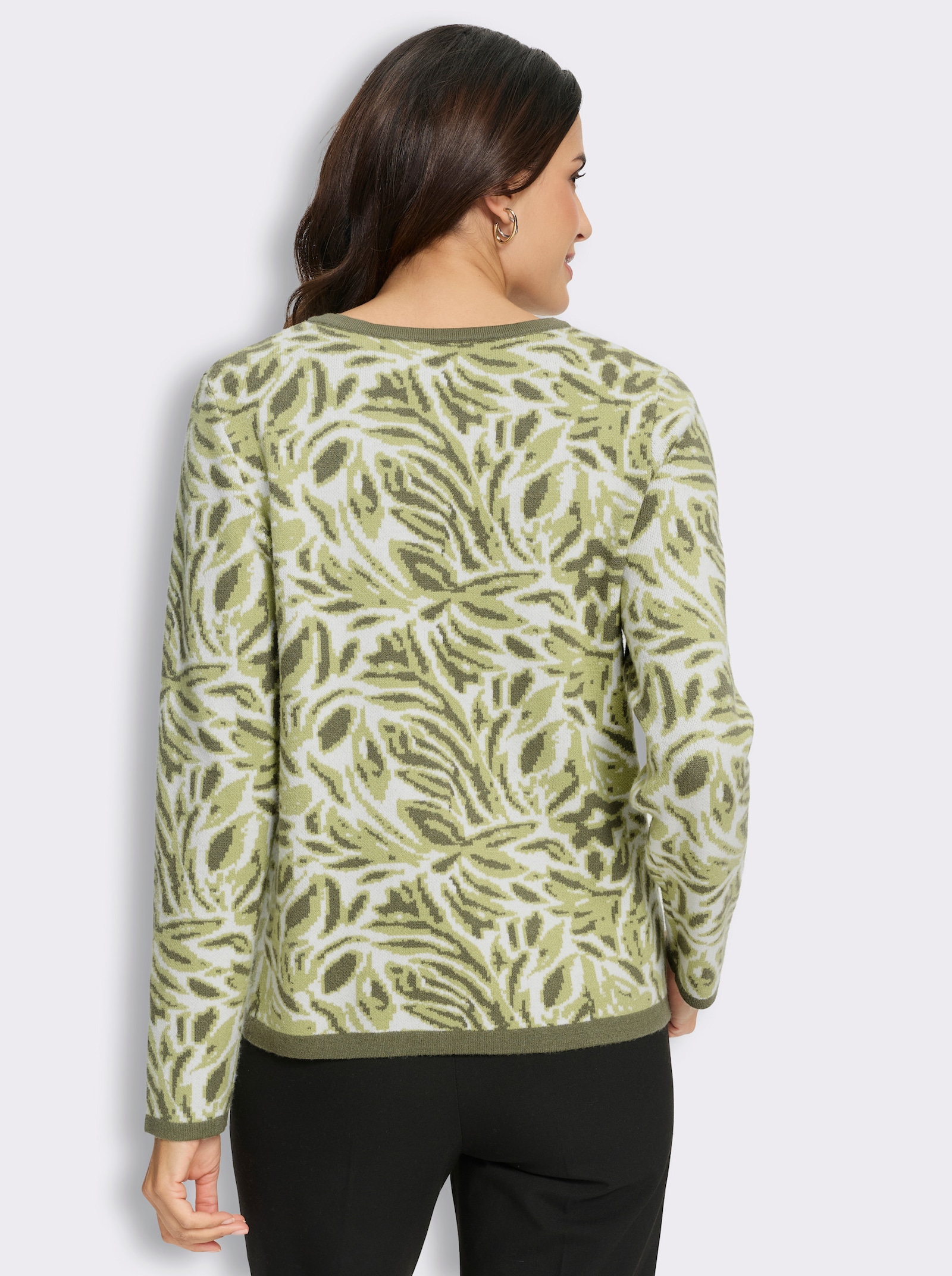 Jacquardstrickjacke mit floralem Allovermuster - khaki-ecru-gemustert
