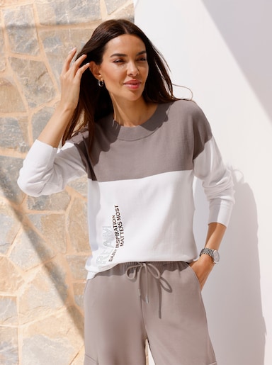 heine Langarm-Pullover im Colour blocking - taupe-ecru-gemustert