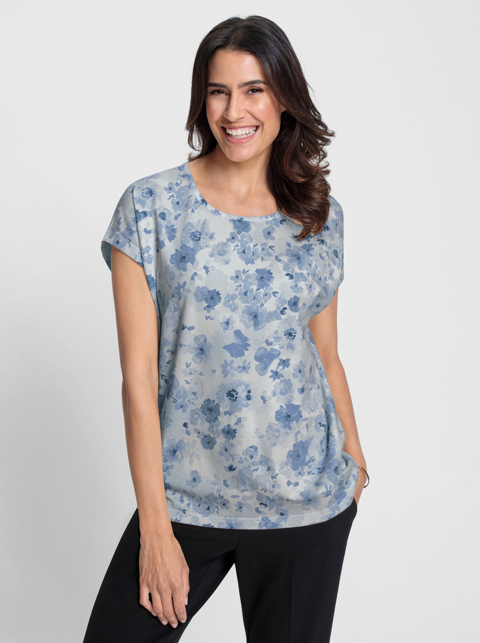 Print-Shirt Mit Paspelverzierung - taubenblau-weiss-bedruckt