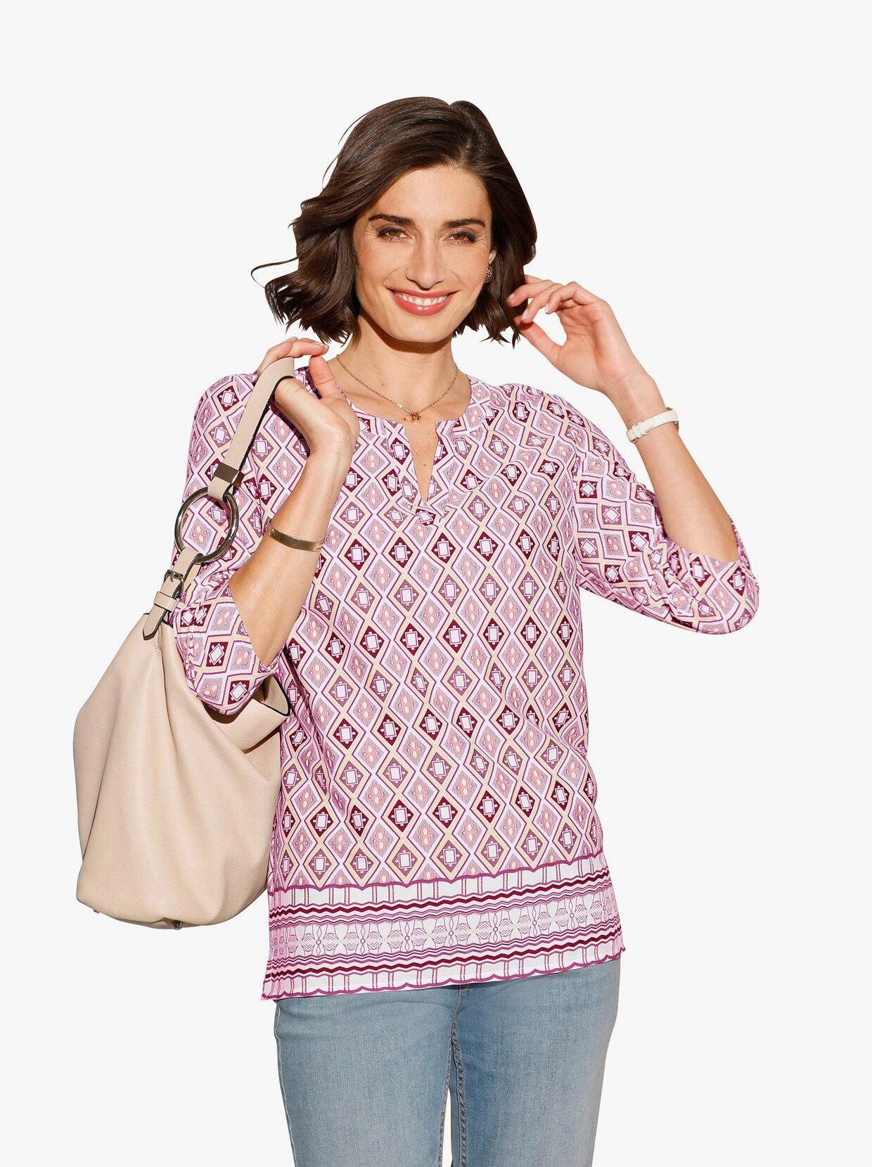 Comfortabele blouse - druif/rozenkwarts bedrukt