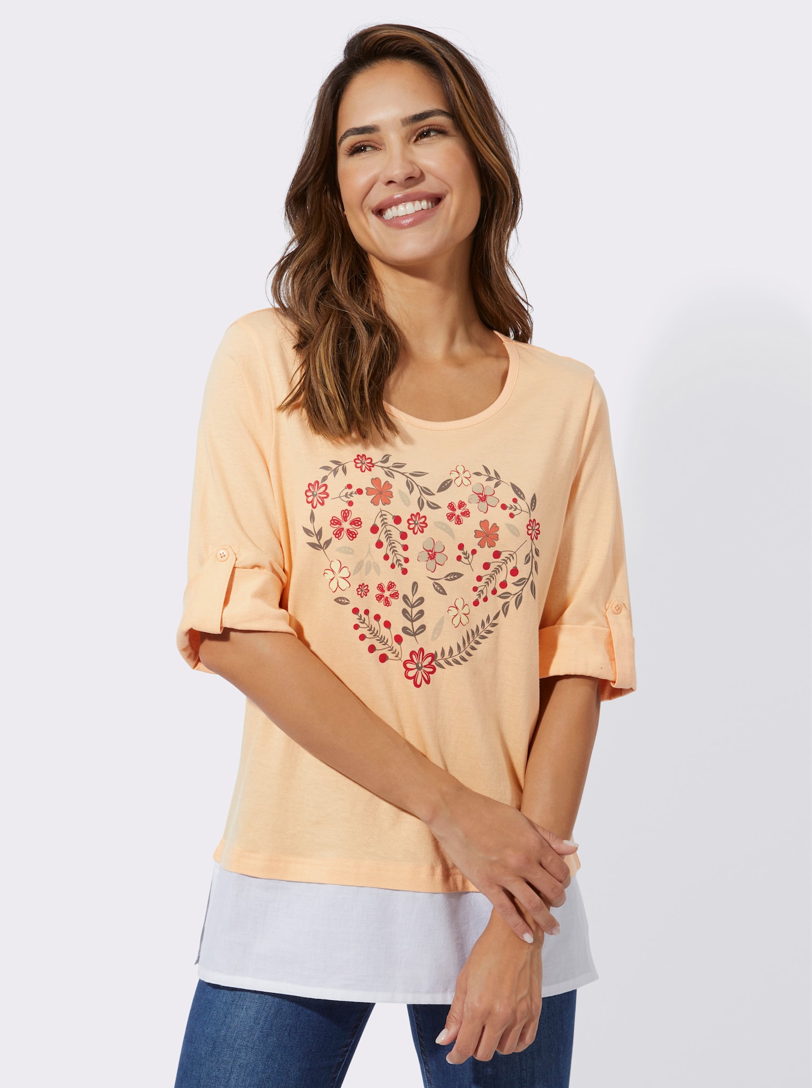 2-in-1-shirt met bloemenprint - apricot/wit
