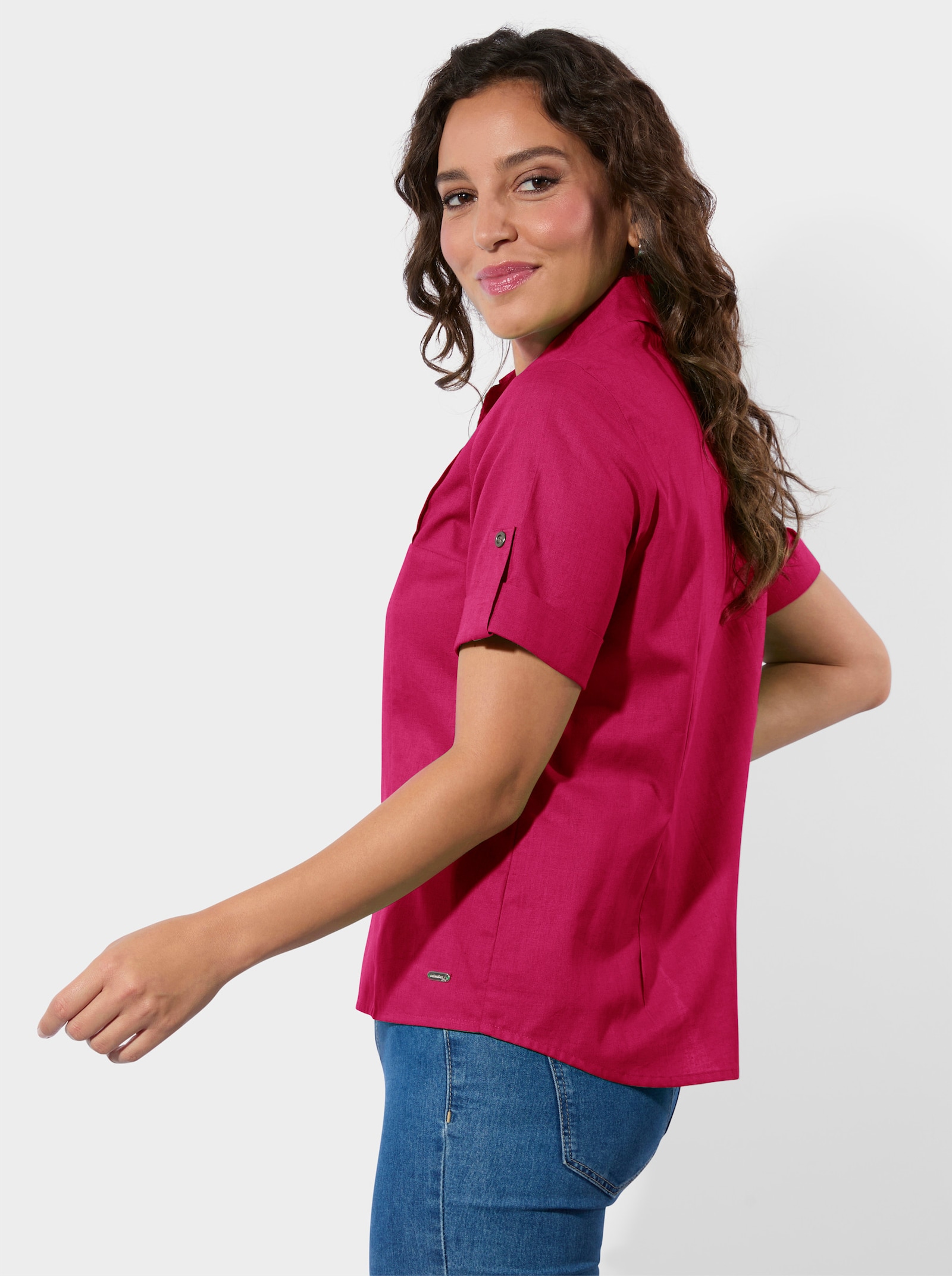 Kurzarm-Bluse im Baumwoll-Leinen-Mix - pink
