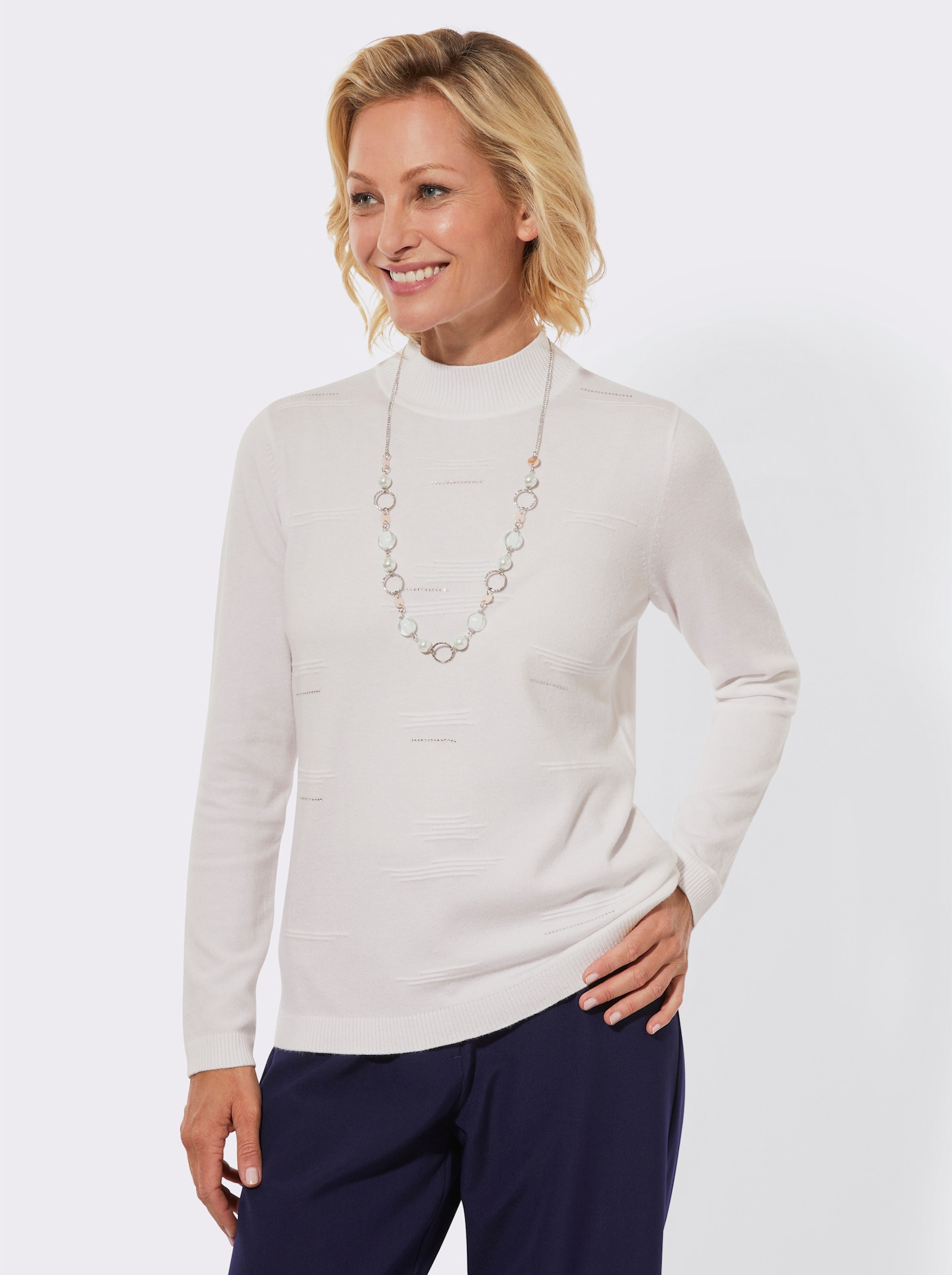 Stehkragenpullover mit Rippmuster und Glitzersteinchen - weiß