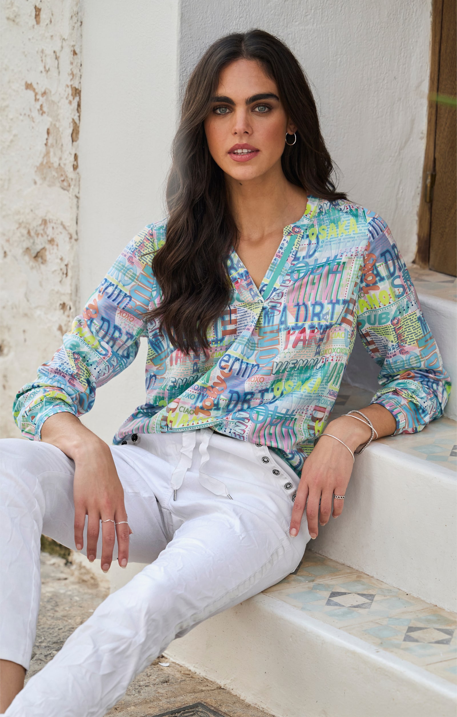 heine Druckbluse mit Kontrast-Paspeln - weiß-royalblau-bedruckt