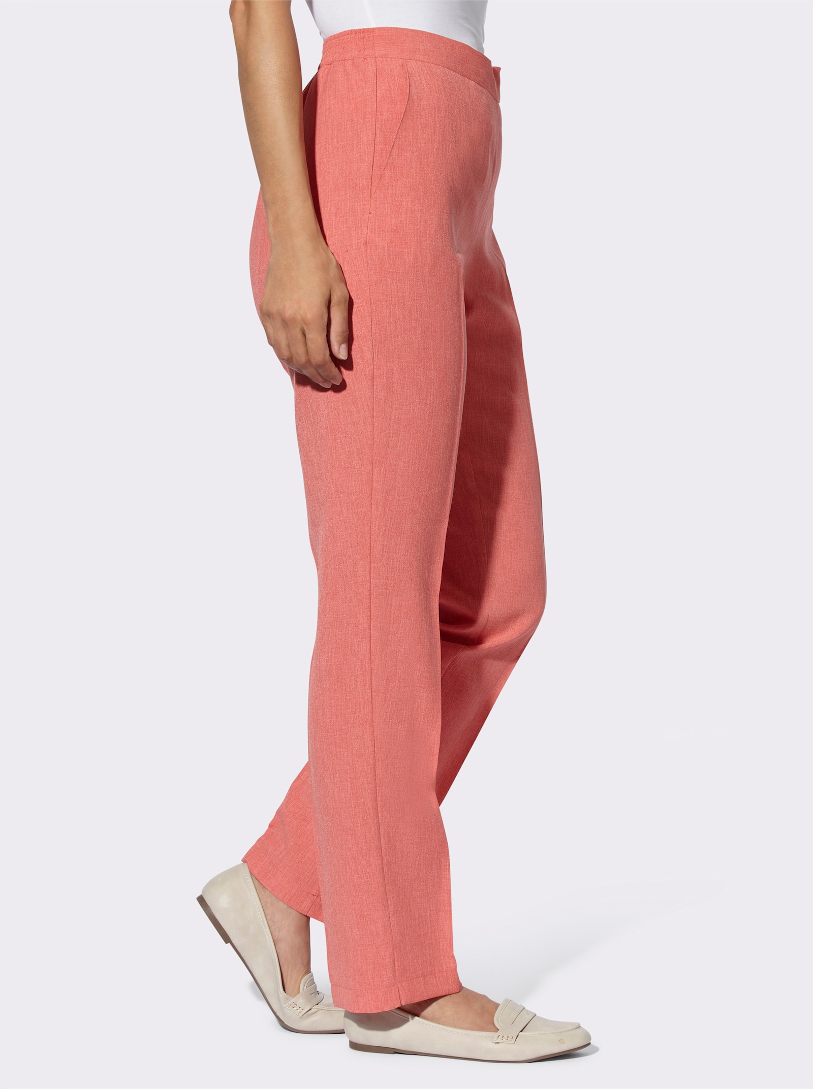 Comfortbroek met comfortband achter - grapefruit gemêleerd + grapefruit gestreept