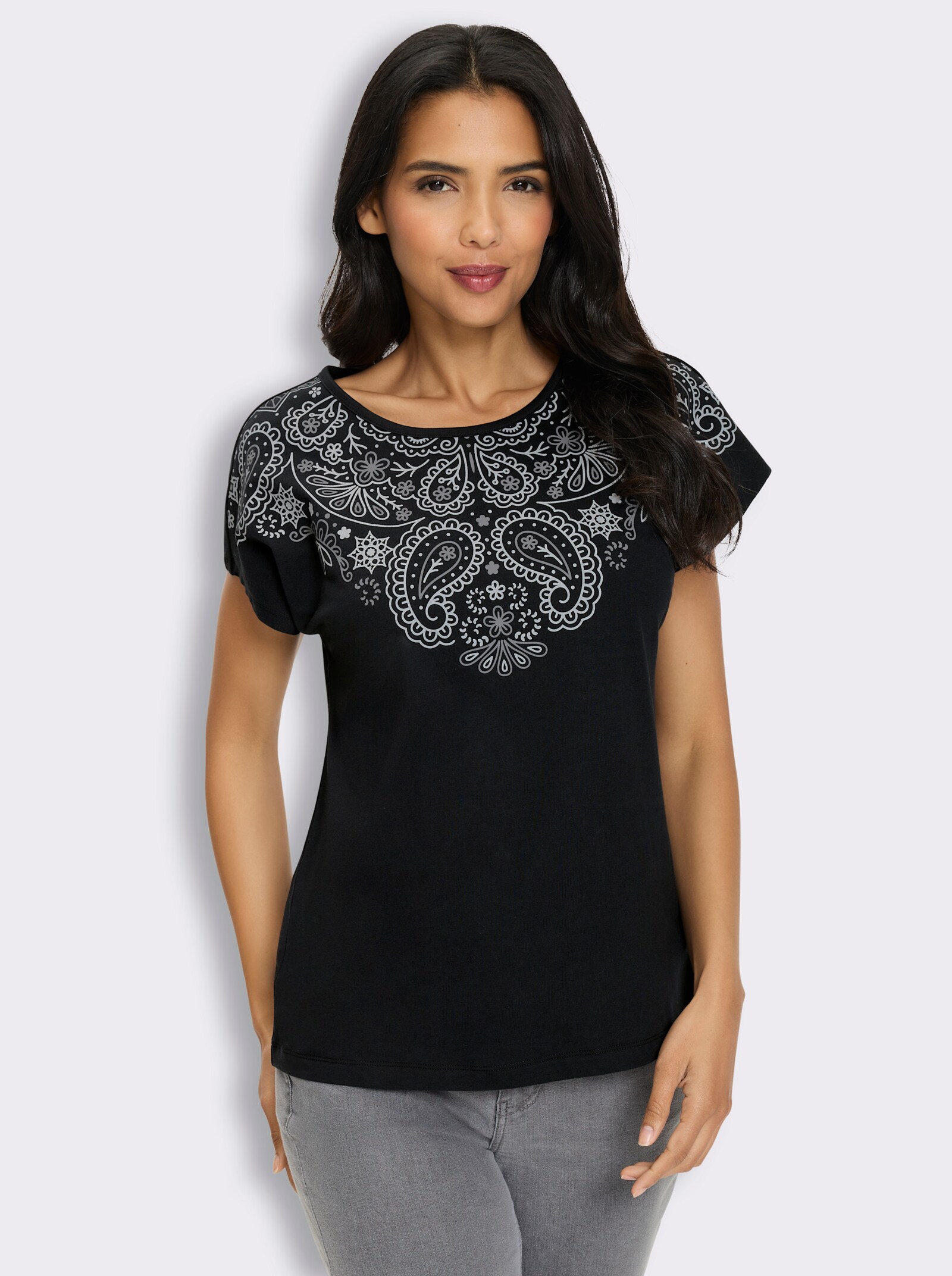 Rundhalsshirt mit Ornament-Muster - schwarz