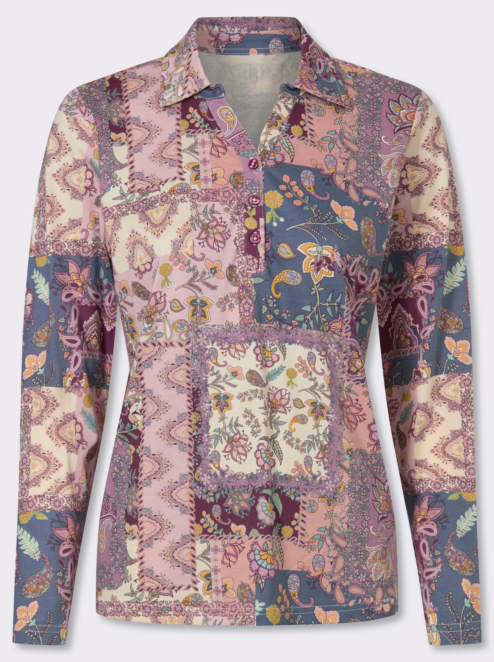 Poloshirt mit kurzer Knopfleiste - burgund-violett-bedruckt