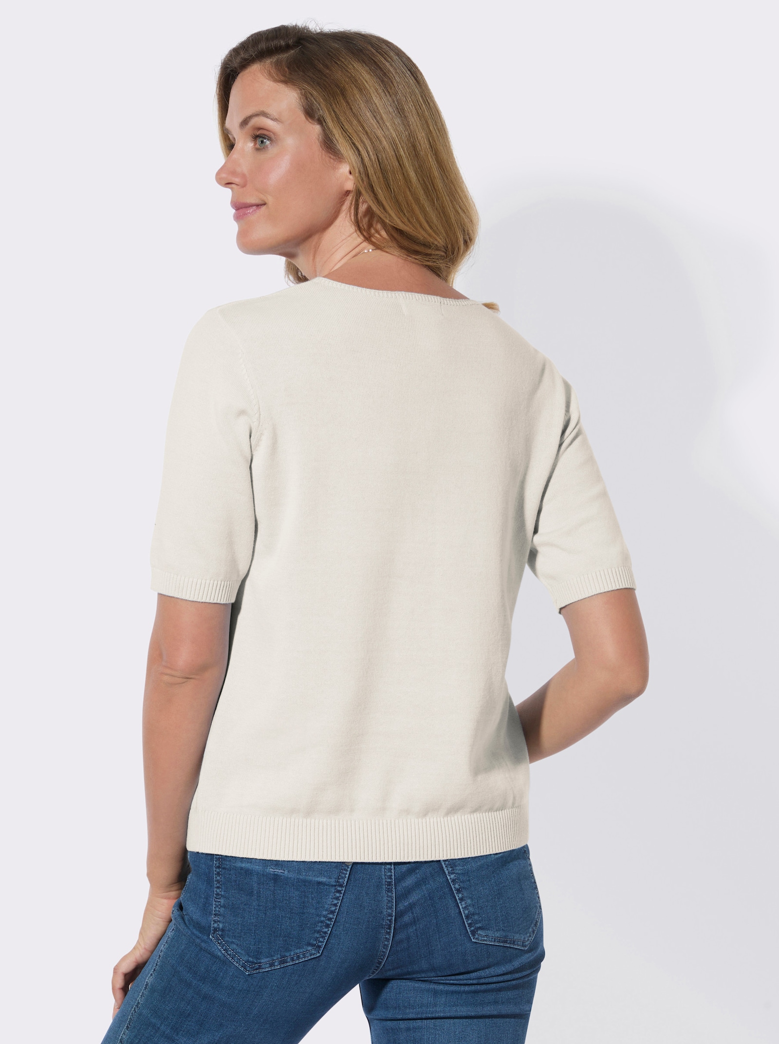 V-Ausschnitt-Pullover mit V-Strukturstrick vorn - ecru