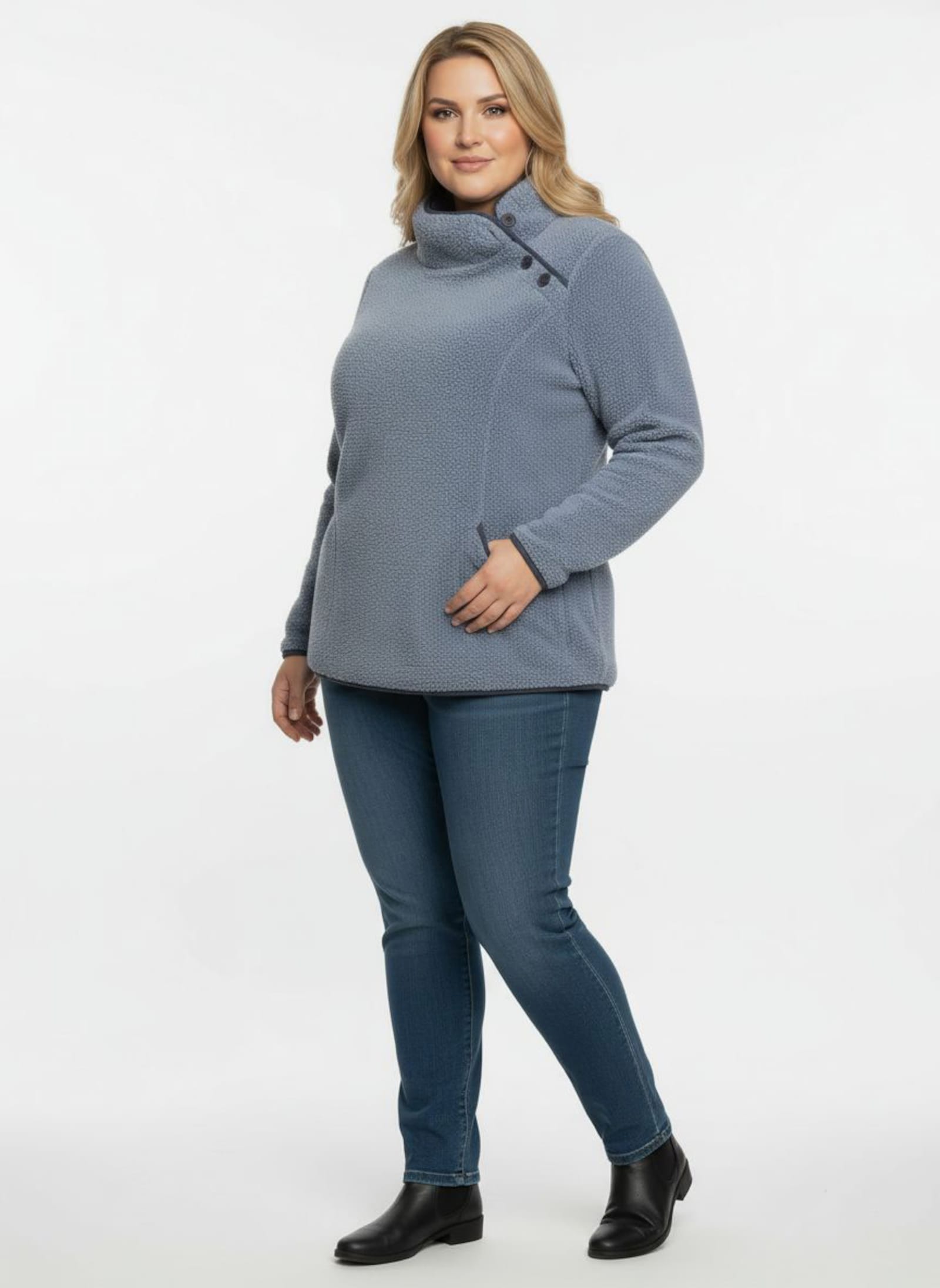 Fleeceshirt mit Kontrastpaspeln - taubenblau