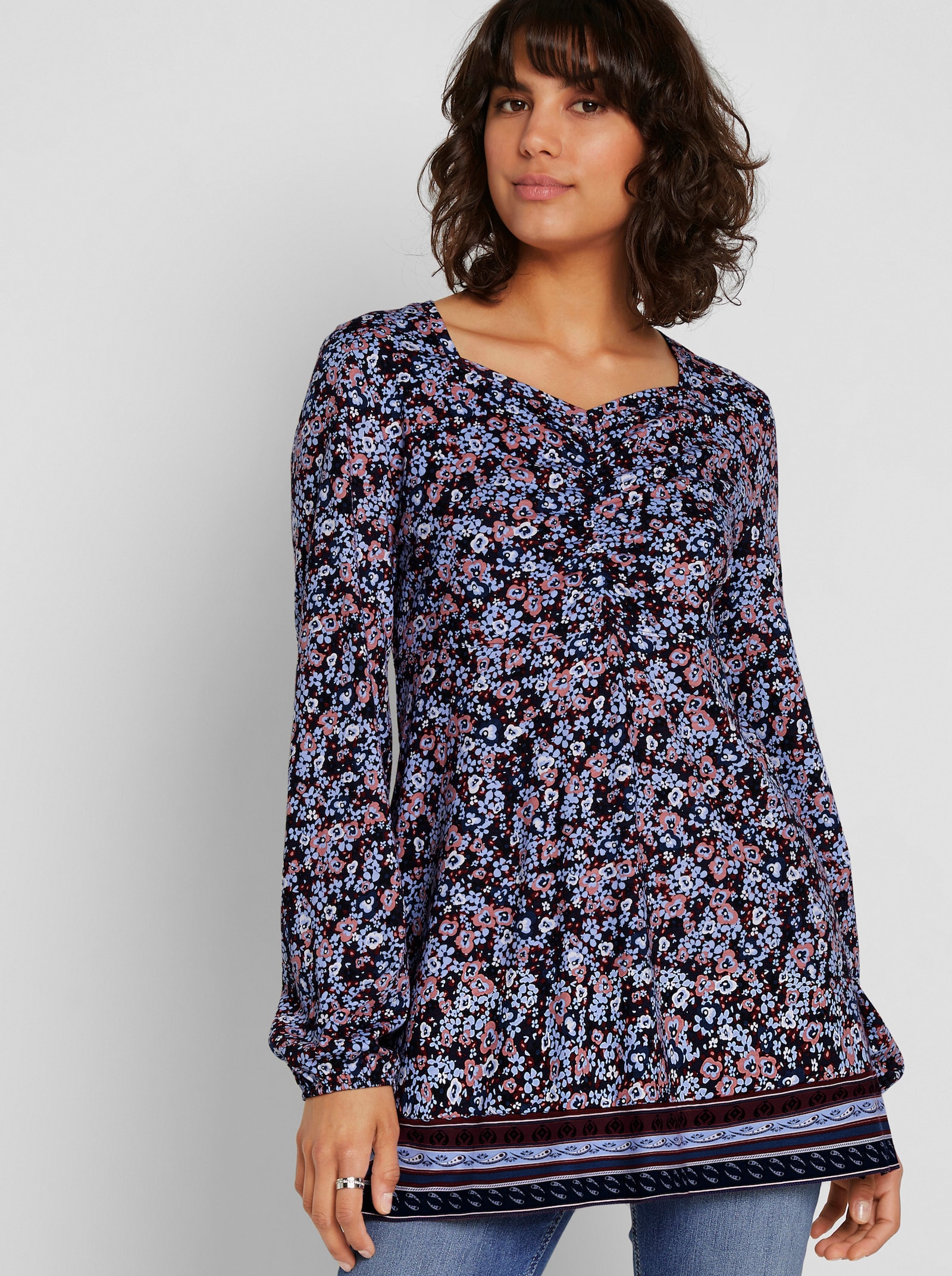 Shirt met lange mouwen en sierrandprint, gebloemd - marine/hemelsblauw gedessineerd