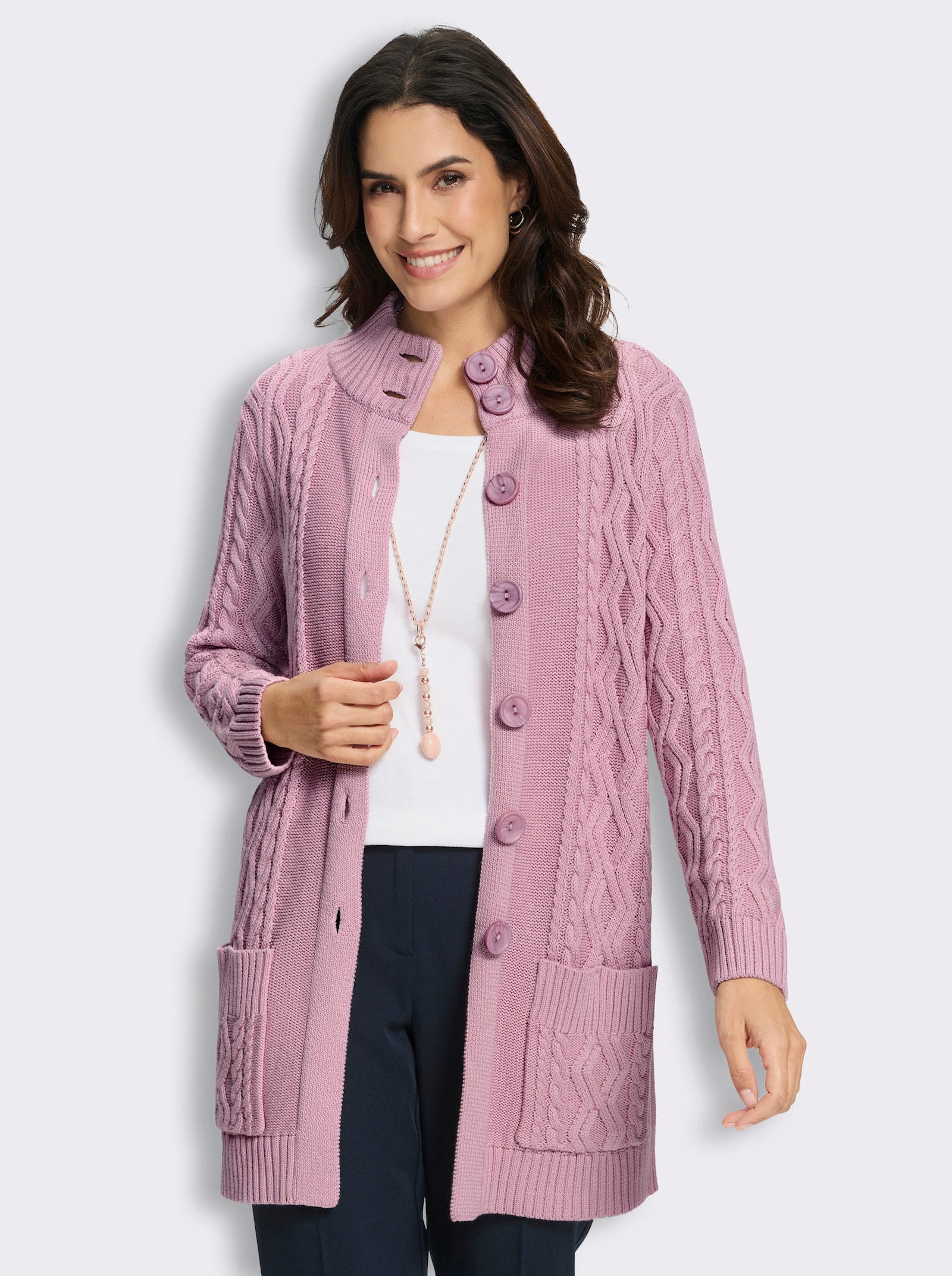 Longstrickjacke mit Zopfmuster rundum - rosé