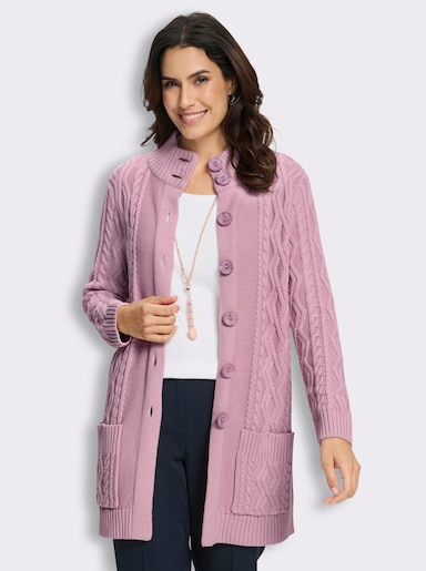 Longstrickjacke mit Zopfmuster rundum - rosé