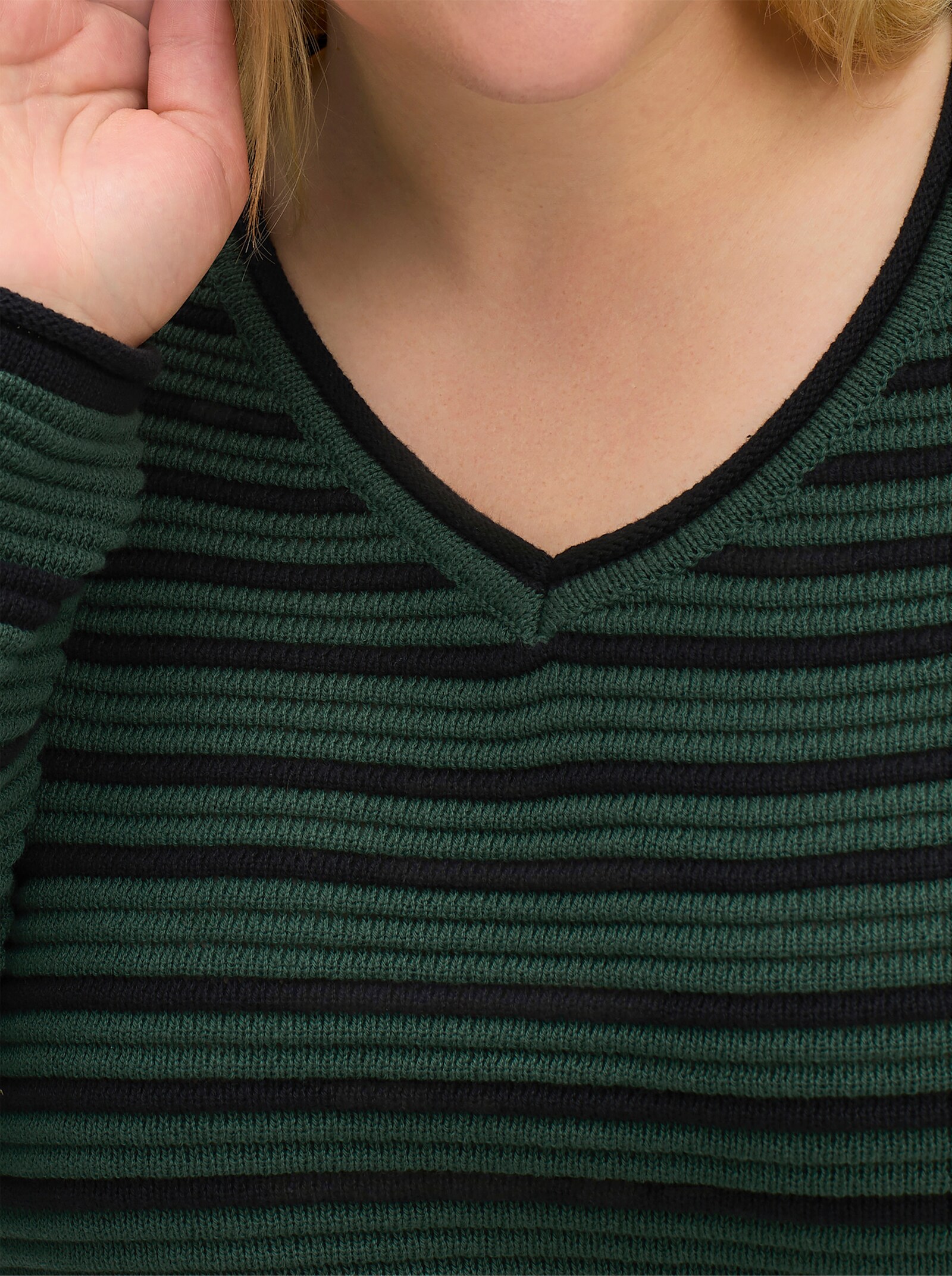 sheego Streifenpullover mit Rollkanten - moos-schwarz-geringelt