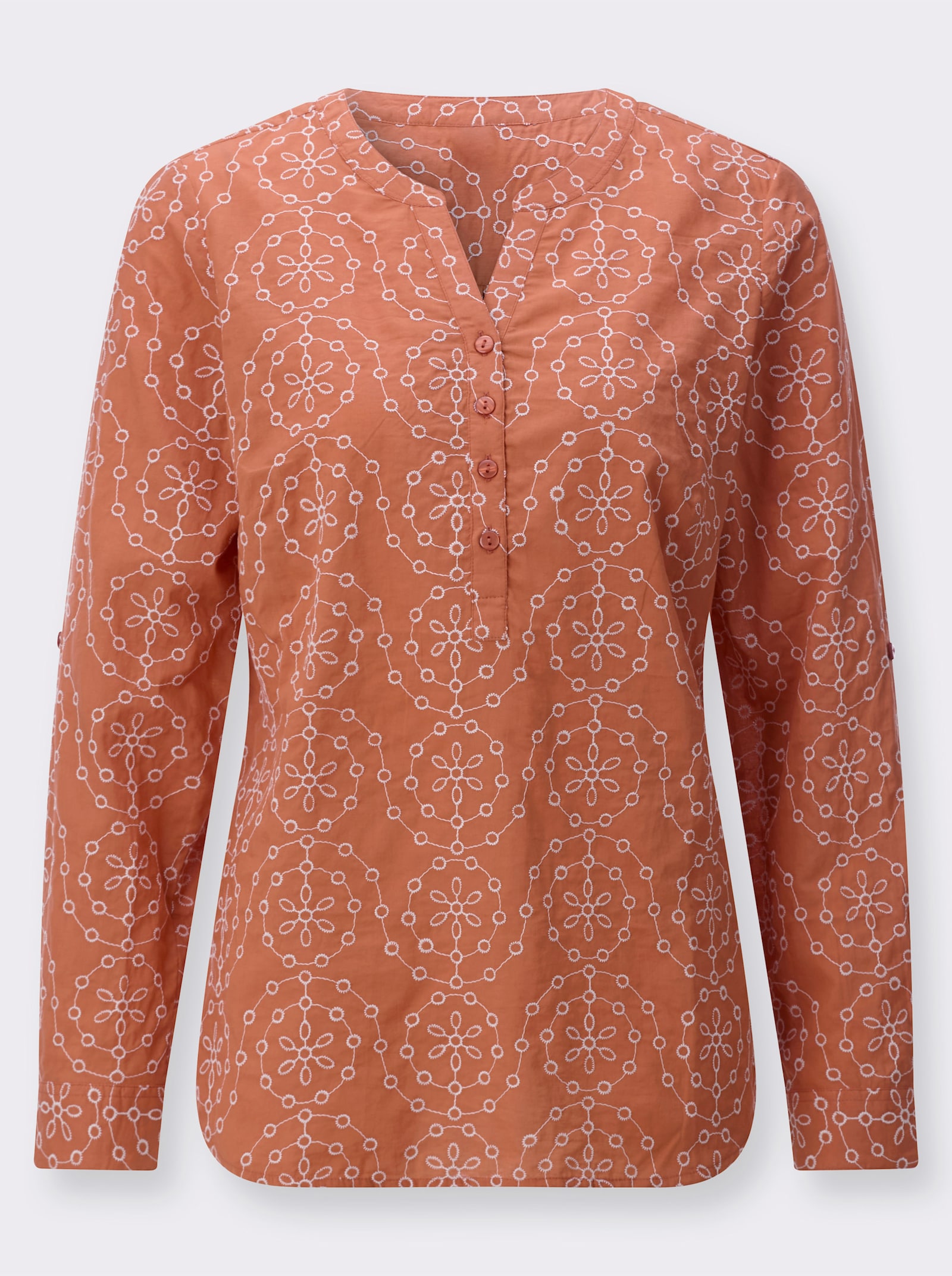 Baumwollbluse mit Stickerei rundum - papaya-ecru