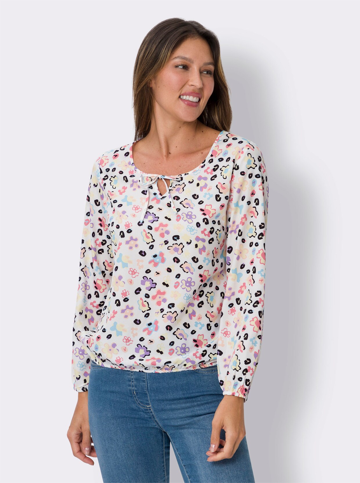 Comfortabele blouse - ecru/flamingo bedrukt