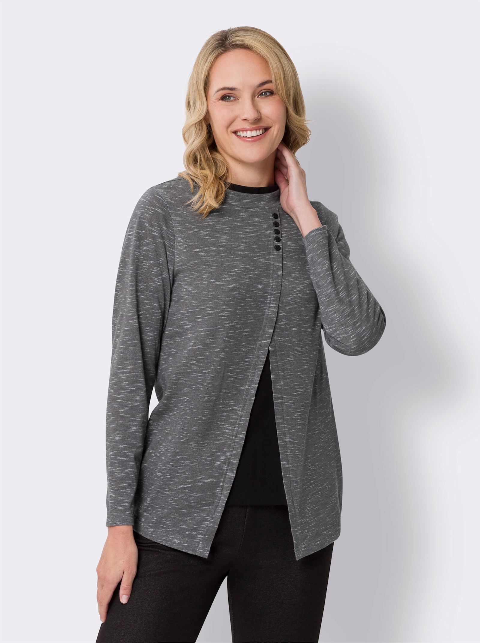 Tunika asymetrického střihu - antracitová-ecru-melír