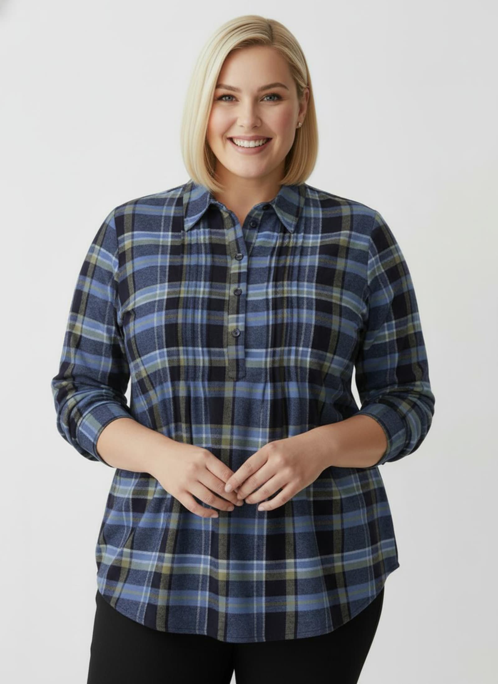 Flanellbluse mit Biesen-Verzierung - marine-schilf-kariert