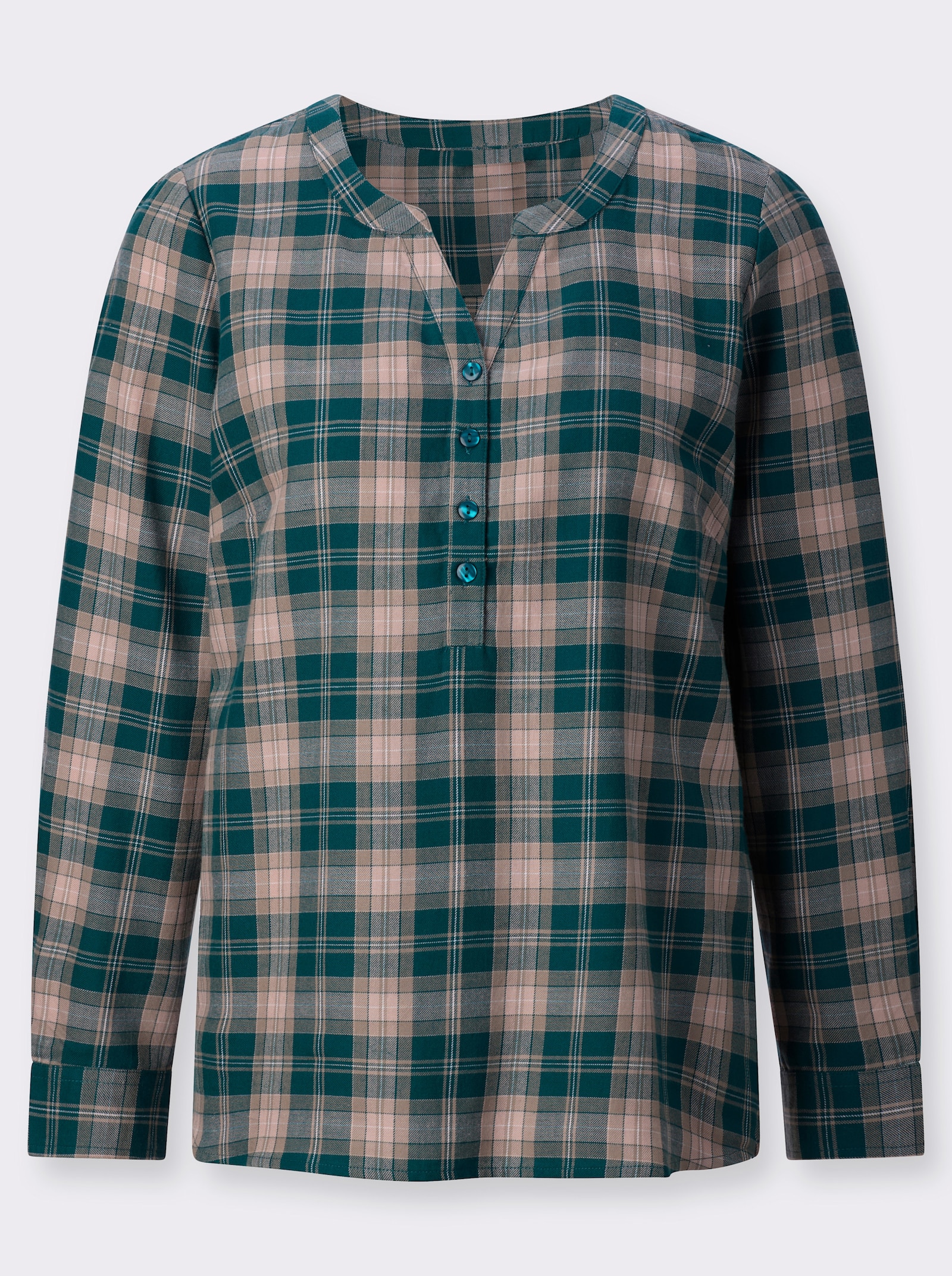 Geruite blouse van licht flanel - petrol/poudre geruit