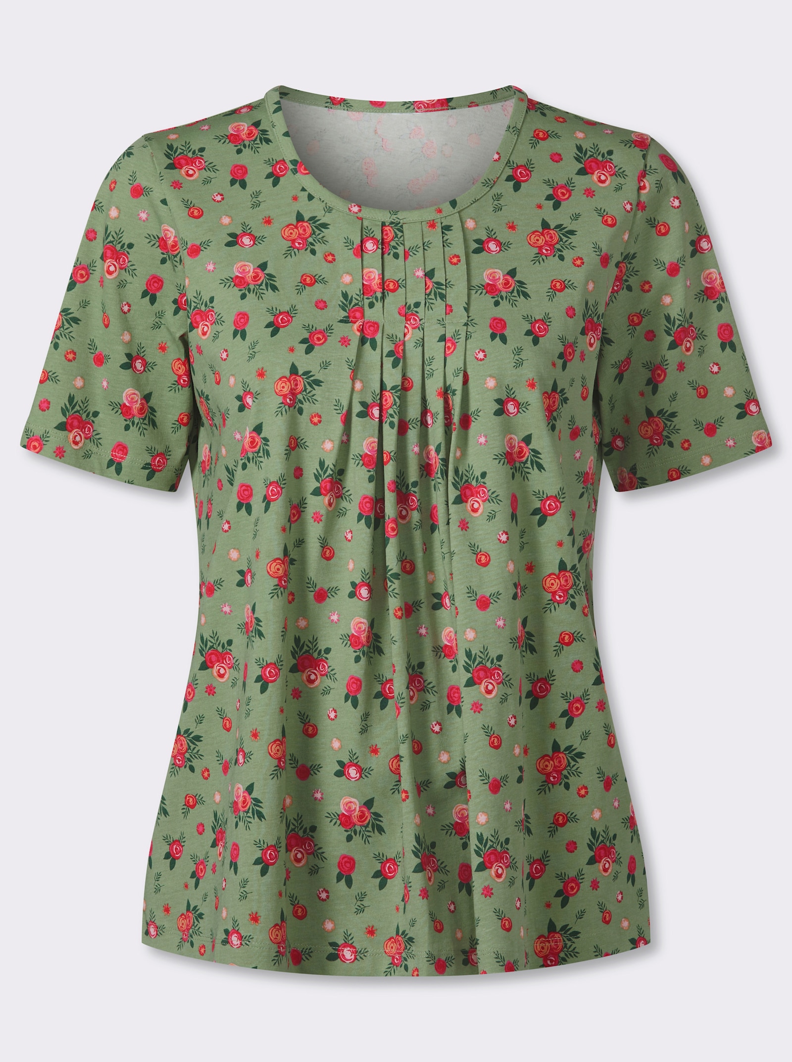 Kurzarmshirt mit Falten am Ausschnitt - eucalyptus-rot-bedruckt