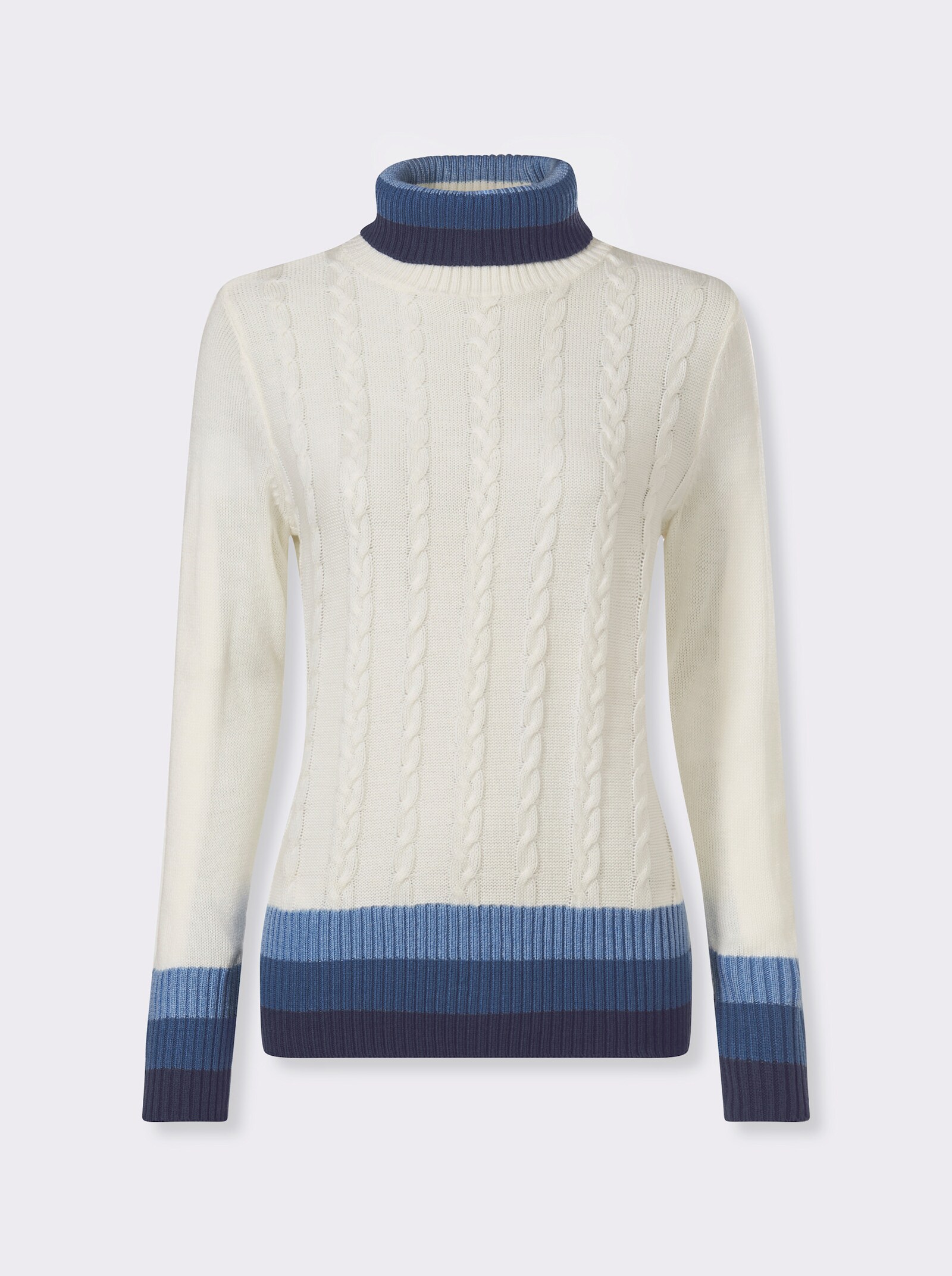 Rollkragenpullover mit Zopfmuster vorne - ecru-marine