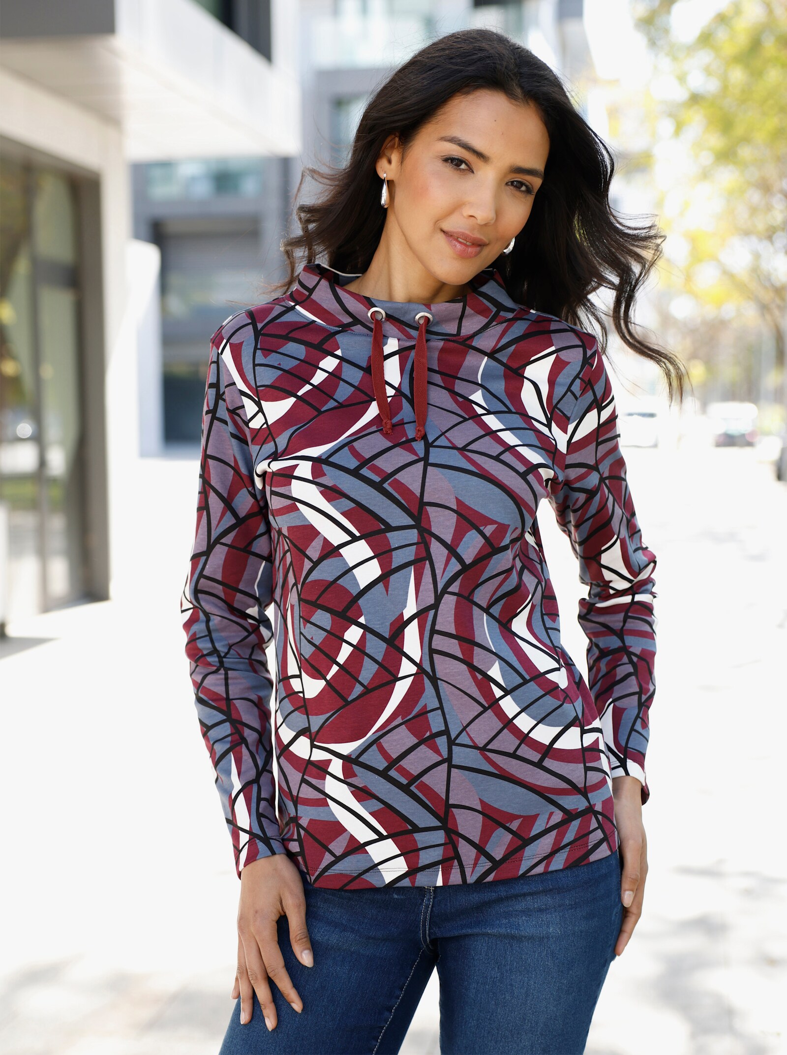 Stehkragenshirt in formstabiler Interlock-Qualität - bordeaux-rauchblau-bedruckt