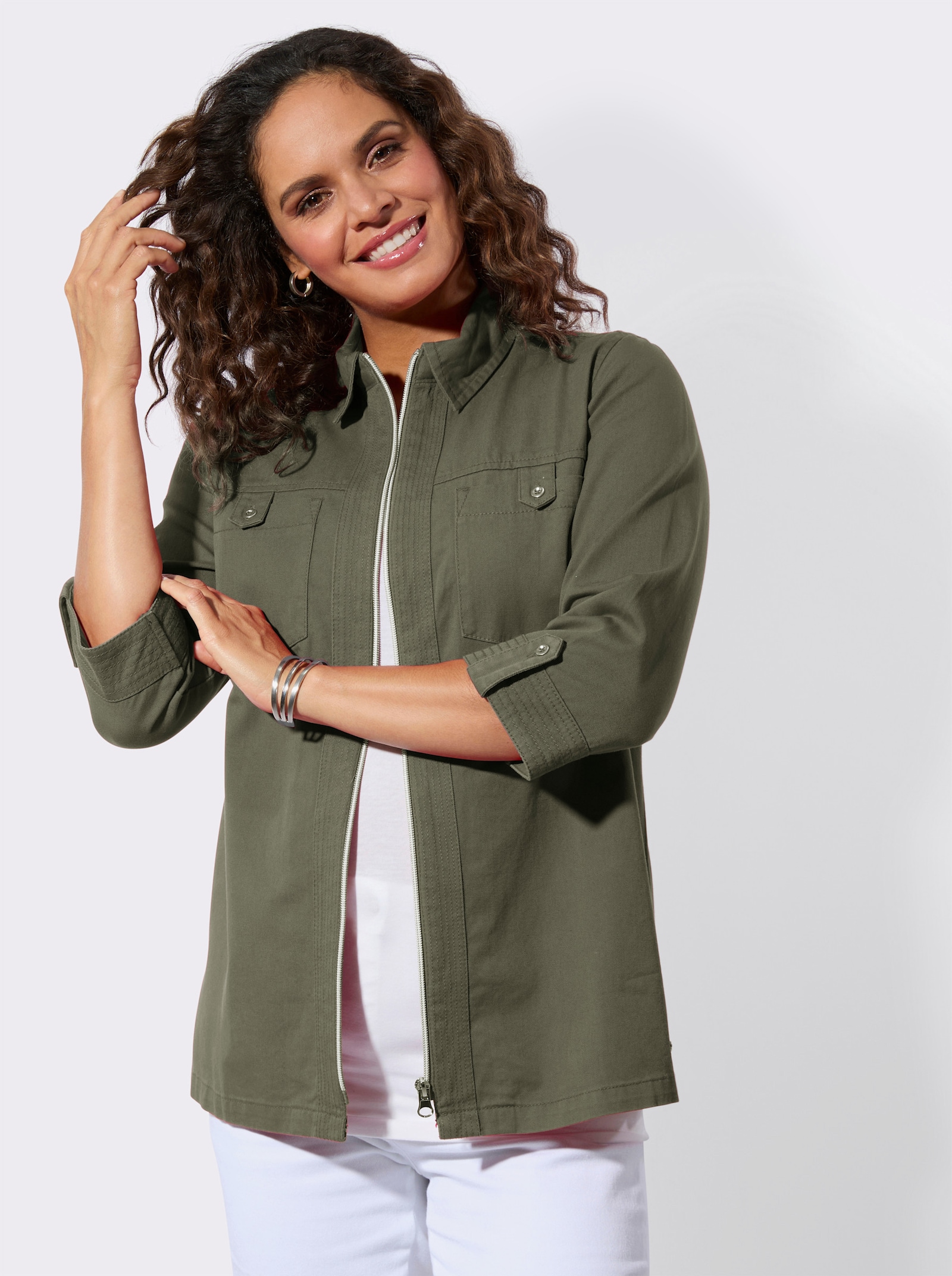 Jeansbluse mit Reißverschluss - khaki