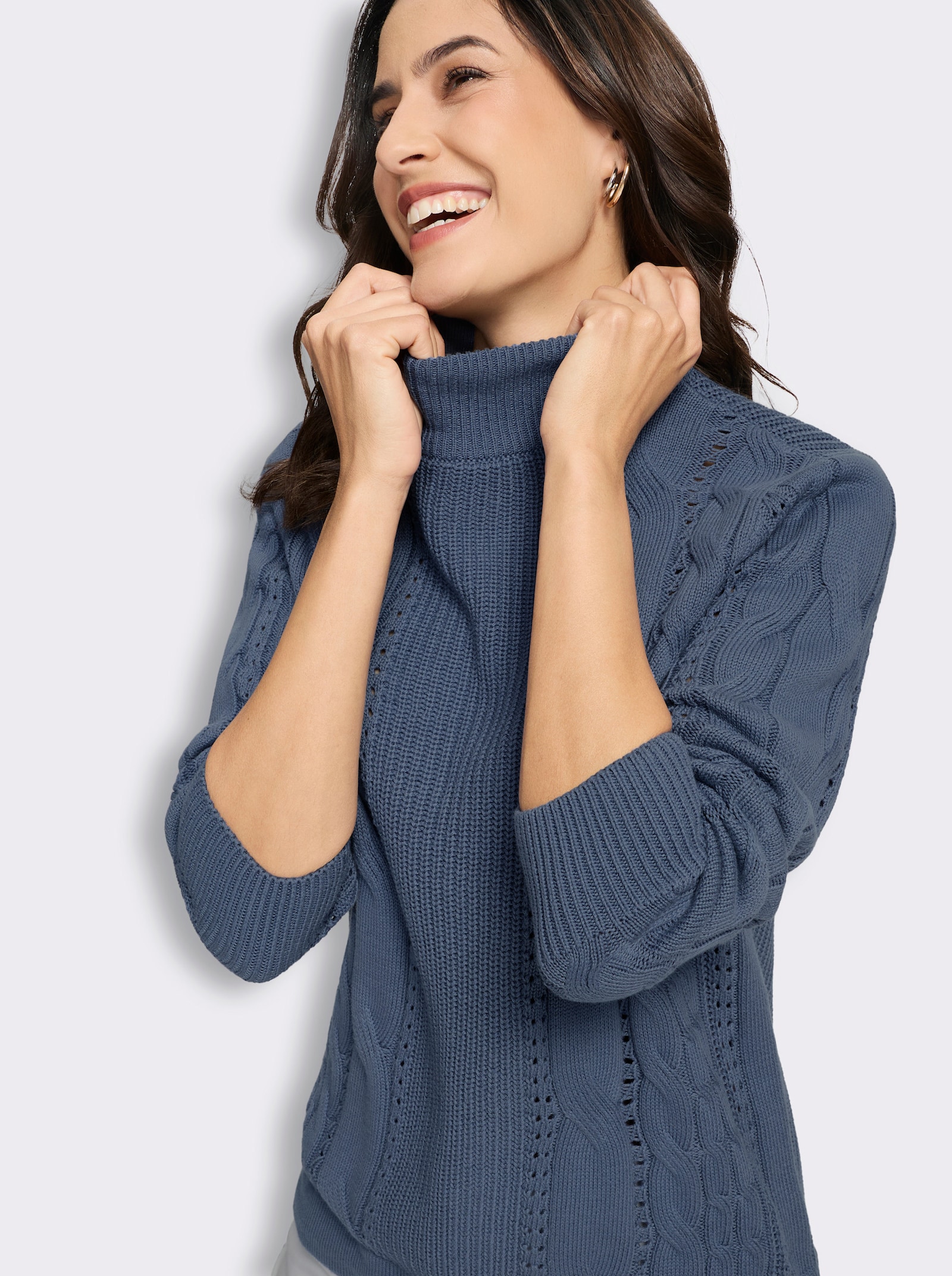 Stehkragenpullover im Strick-Mix - rauchblau