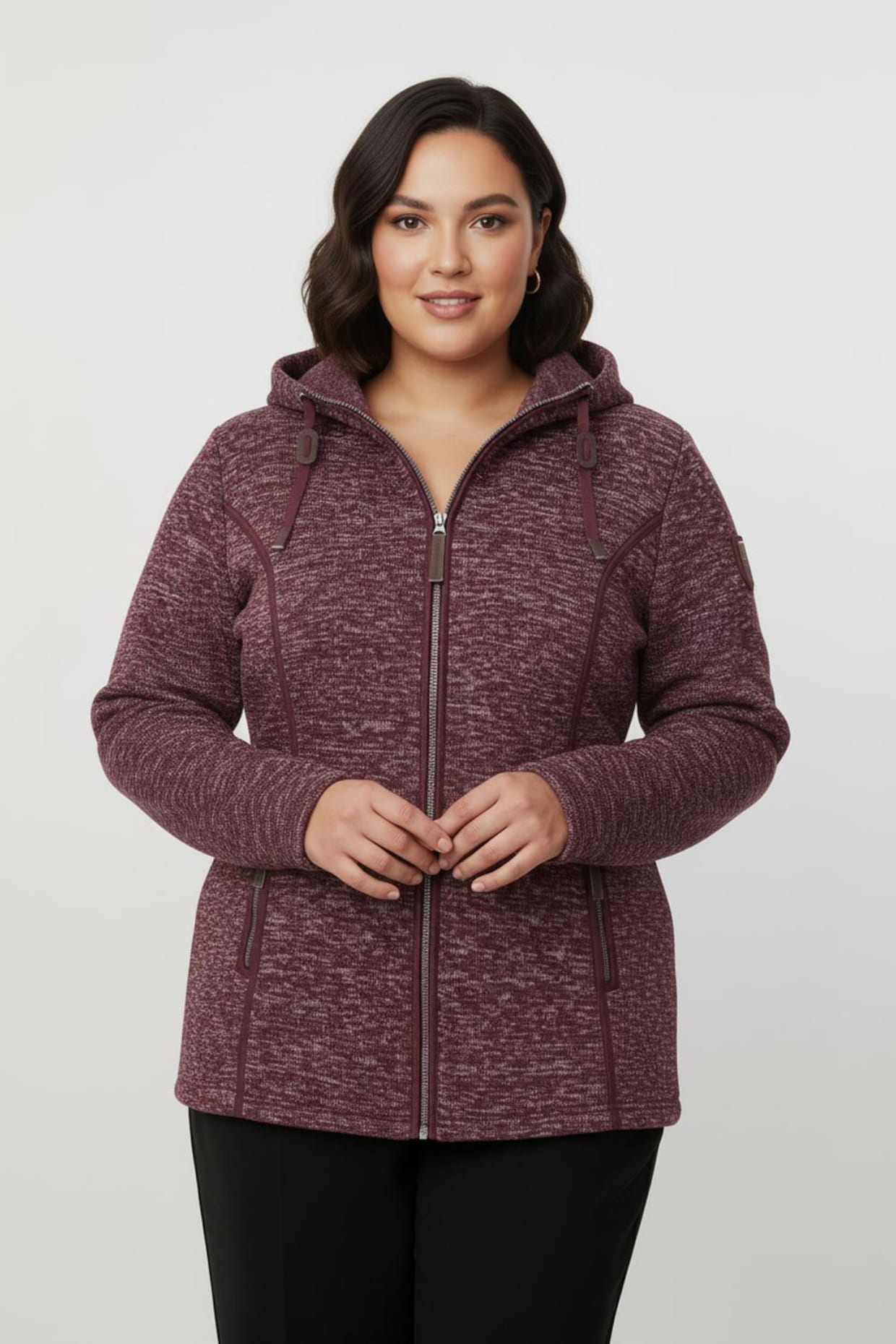 Kapuzenfleecejacke mit Umlegekragen - bordeaux-meliert