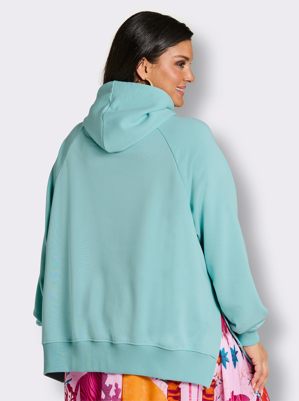 sheego loves miss goodlife Kapuzensweatshirt mit Neon-Print vorn - royalblau-pink-bedruckt