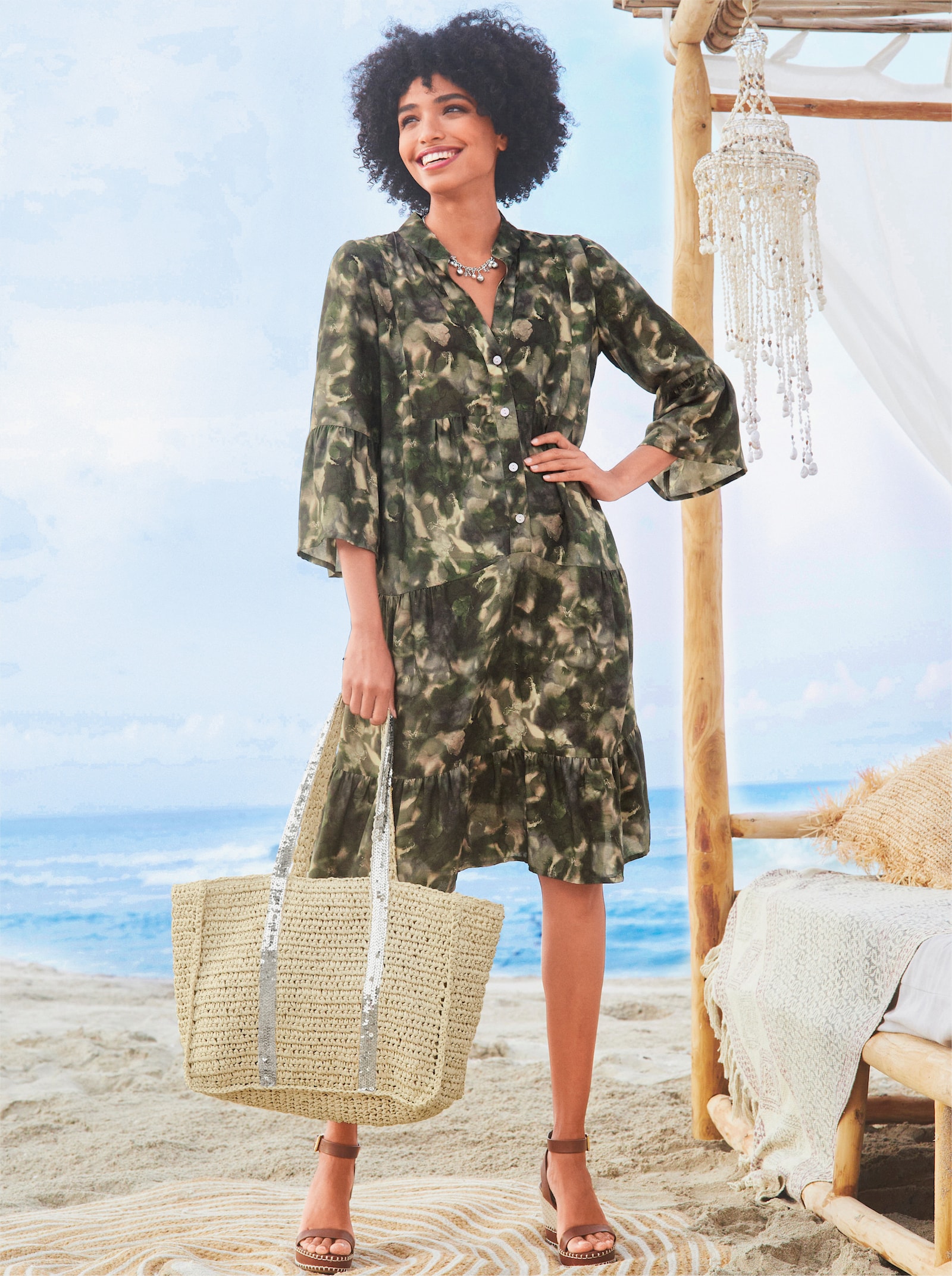 heine Druckkleid mit Volants - khaki-sand-bedruckt