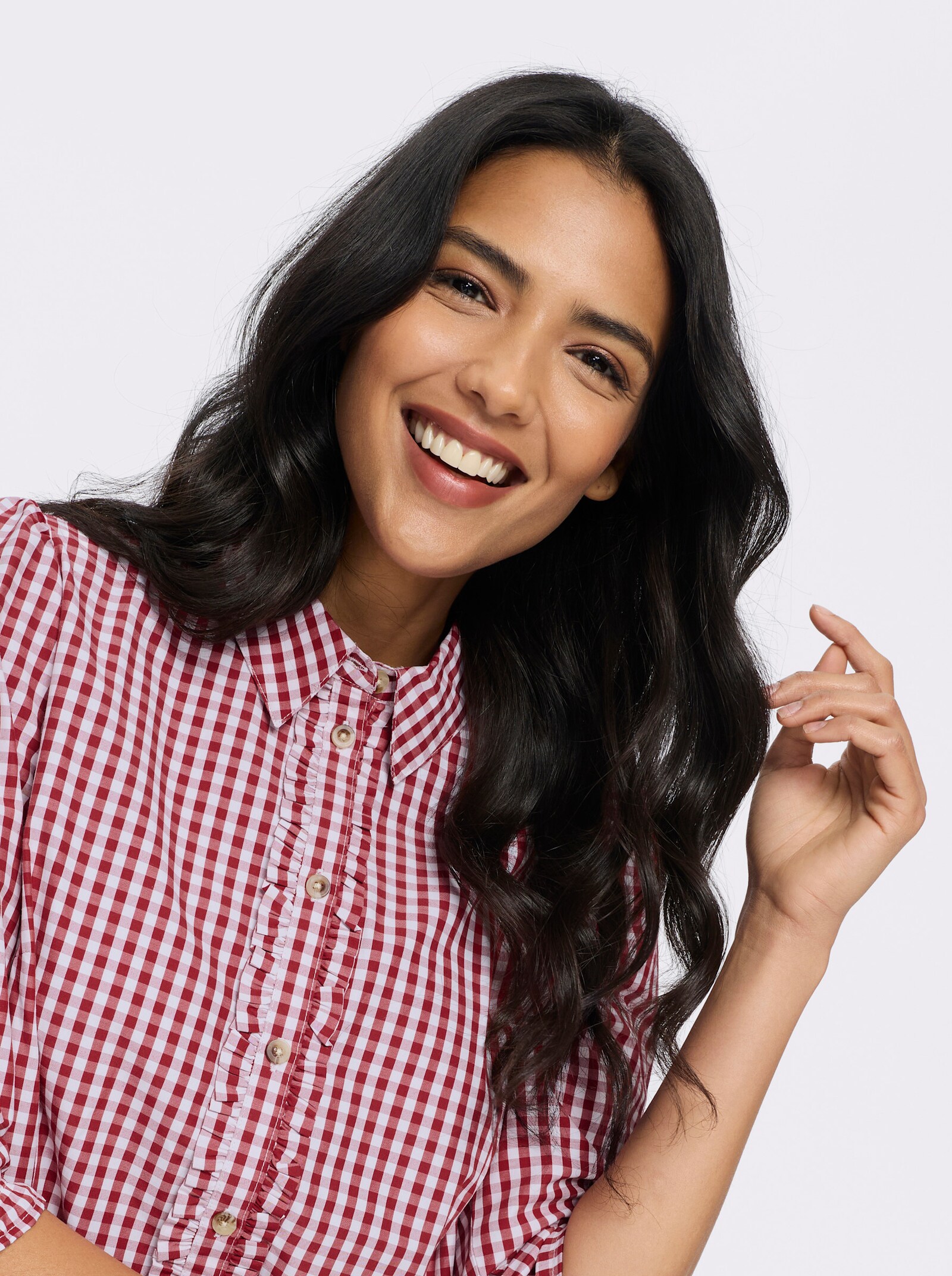 Trachtenbluse mit Rüschenband - rot-weiß-kariert