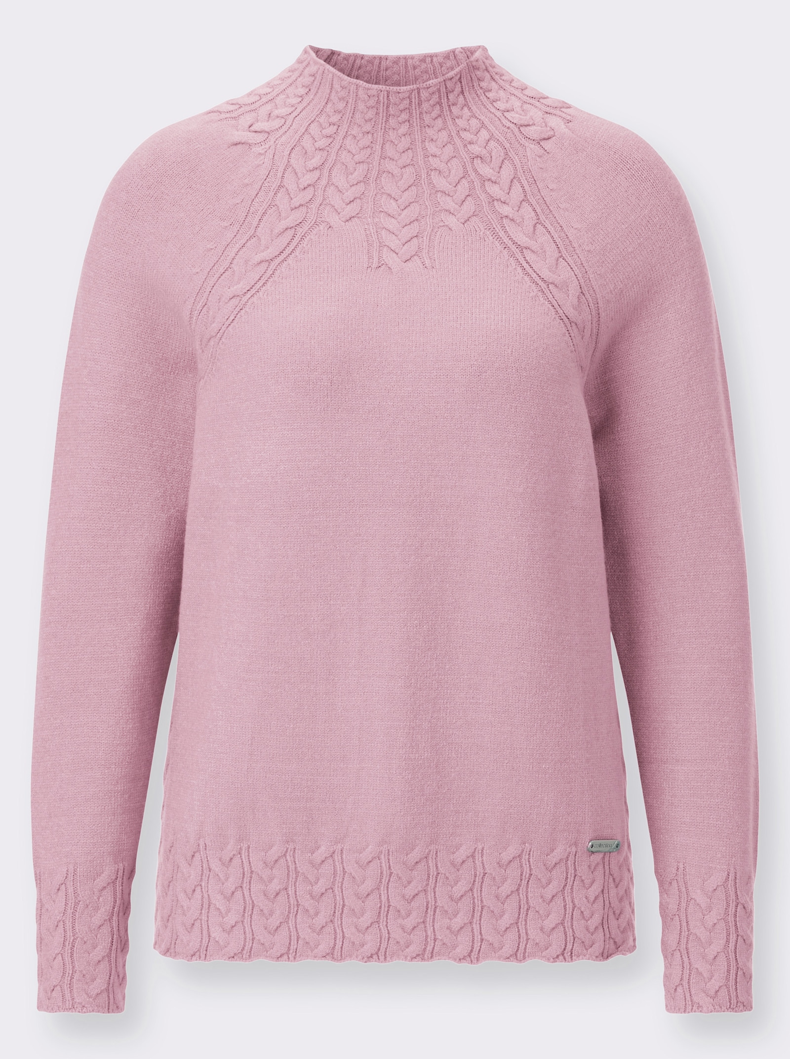 Stehkragenpullover mit Zopfmuster vorn - rosé