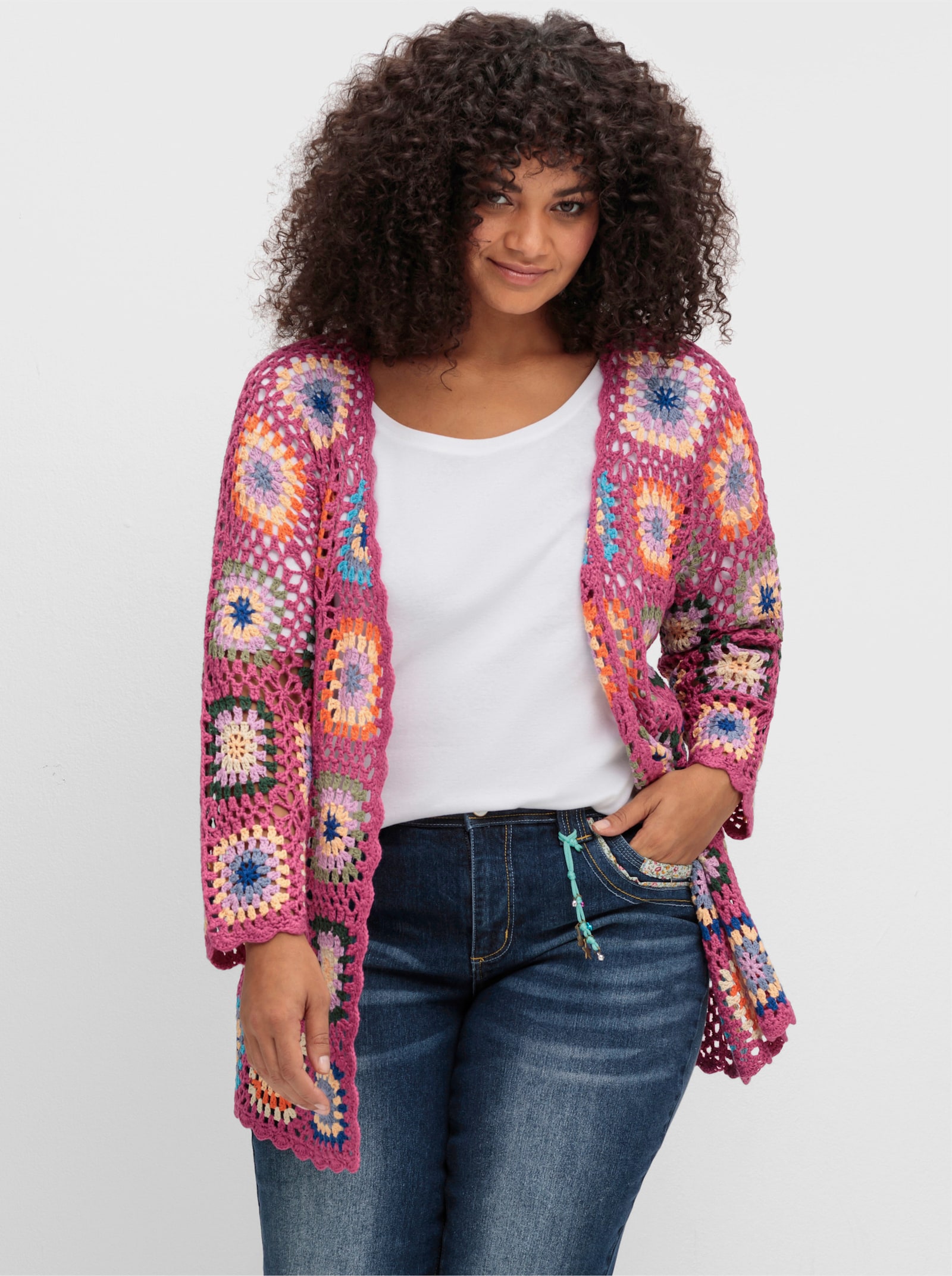 sheego by Joe Browns Lang vest met crochet-patroon - pink
