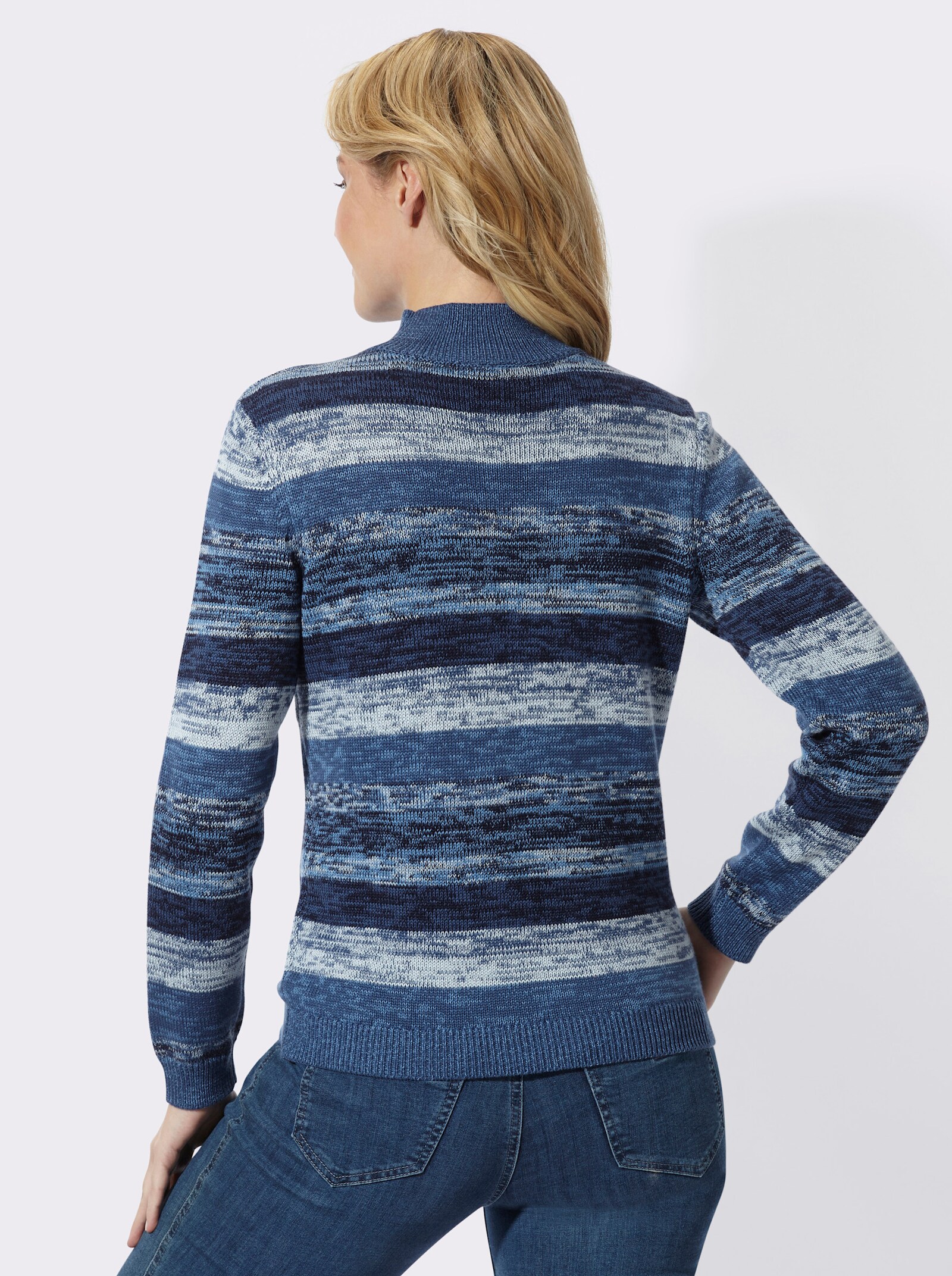 Stehkragenpullover mit Melange-Streifenmuster - jeansblau-hellblau-gemustert