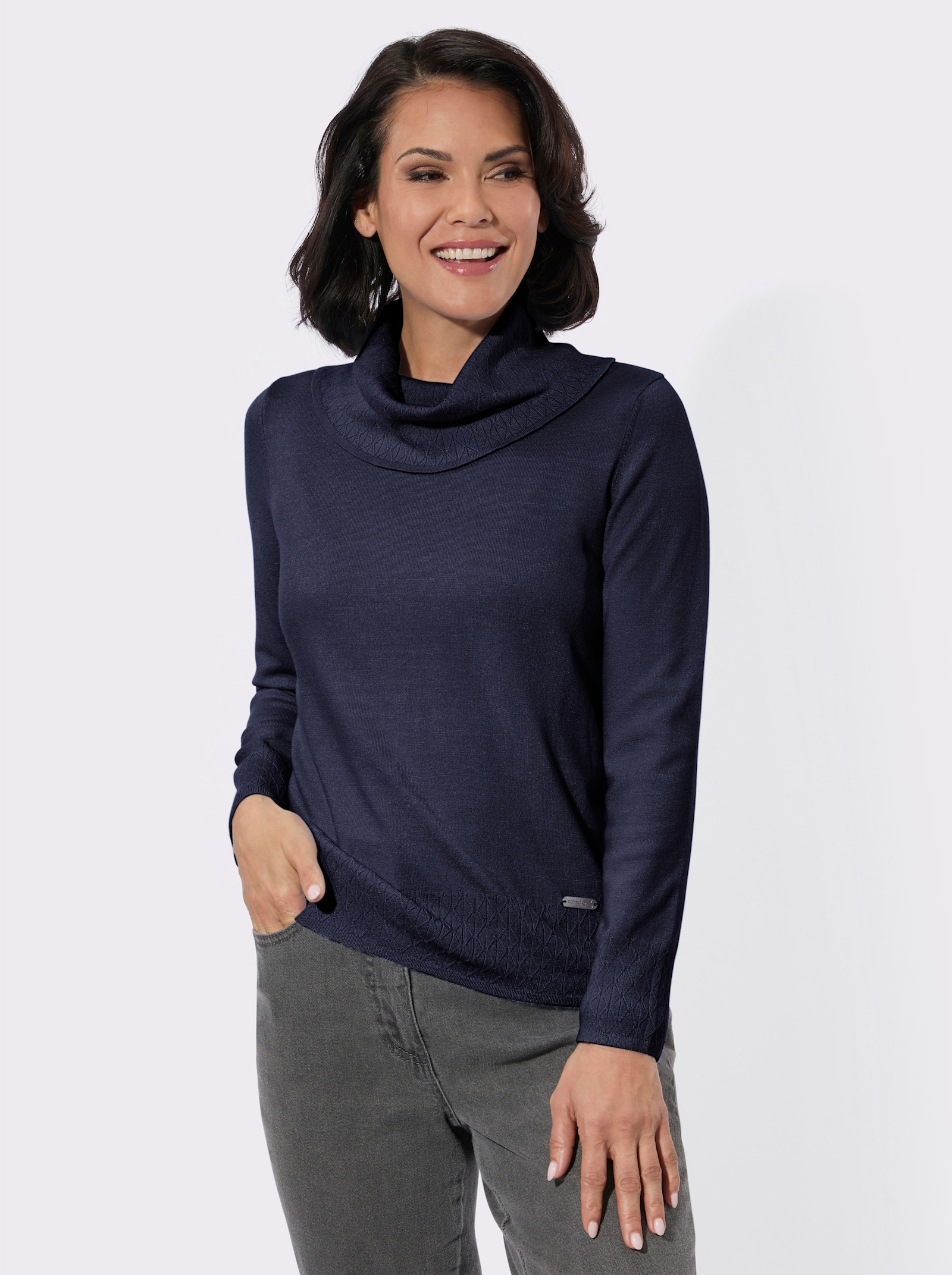 Rollkragenpullover mit Strickmuster rundum - marine
