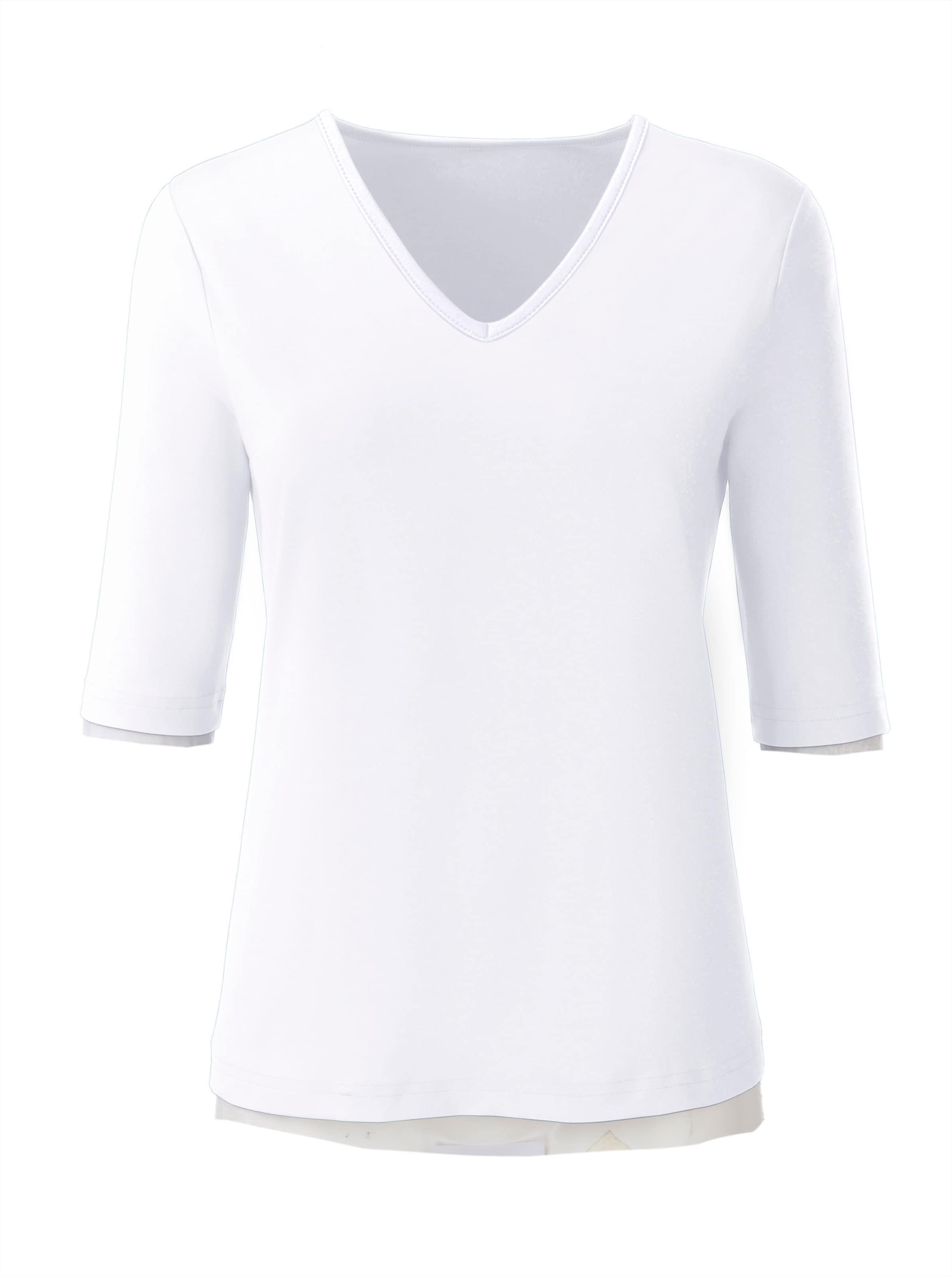 Pflegeleicht günstig Kaufen-V-Shirt in weiß von heine. V-Shirt in weiß von heine <![CDATA[Shirt mit V-Ausschnitt. Aus Tactel: herrlich weich, atmungsaktiv, dabei strapazierfähig, langlebig, knitterarm und pflegeleicht.]]>. 