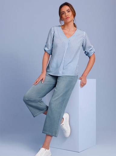 CREATION L PREMIUM Gestreifte Bluse mit Krempelärmel - himmelblau-ecru-gestreift