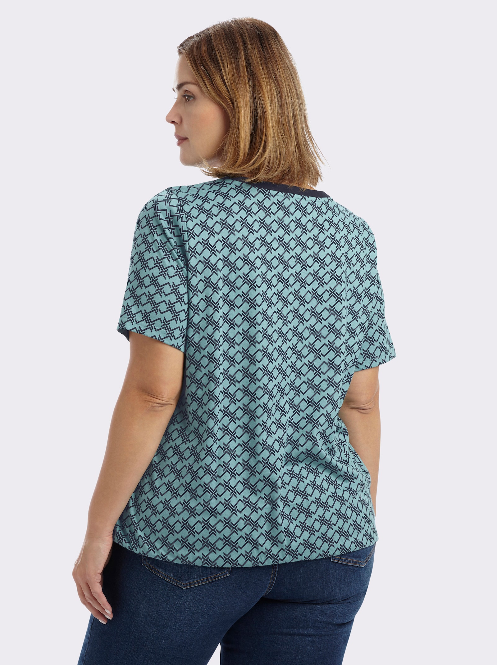 sheego Shirt mit Grafikprint und Gummizug am Saum - ozean-tiefblau-bedruckt