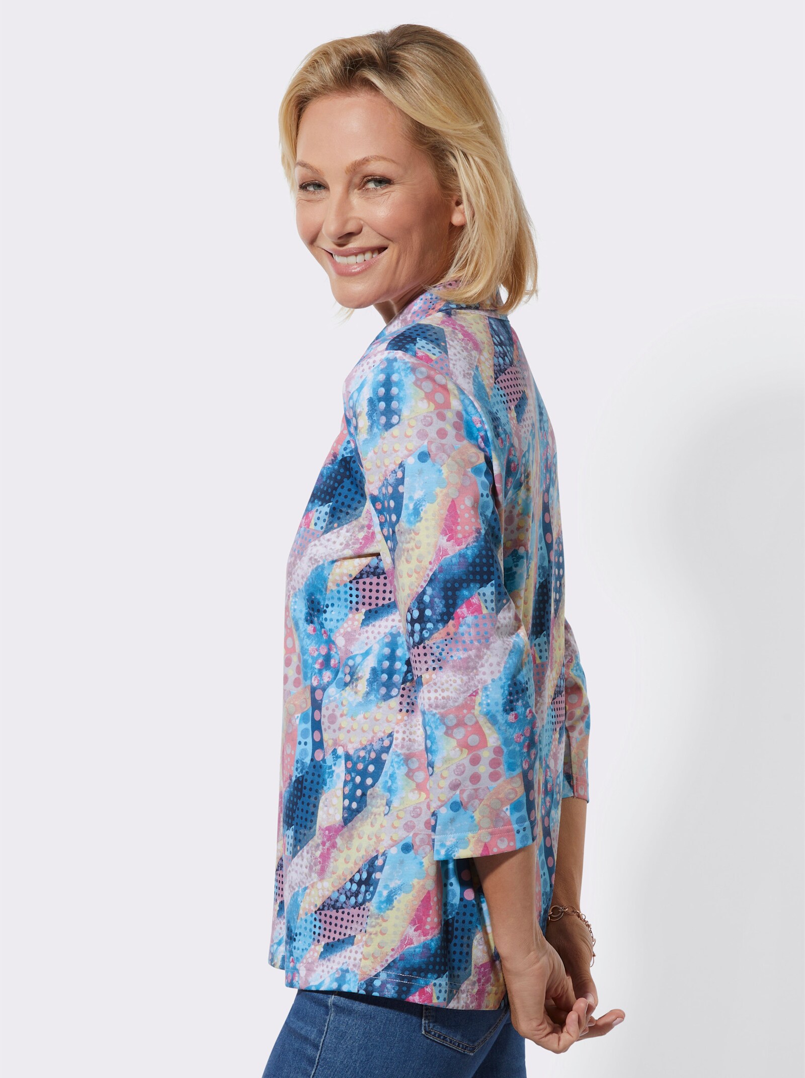 Poloshirt mit Glitzersteinchen am Kragen - marine-altrosa-bedruckt